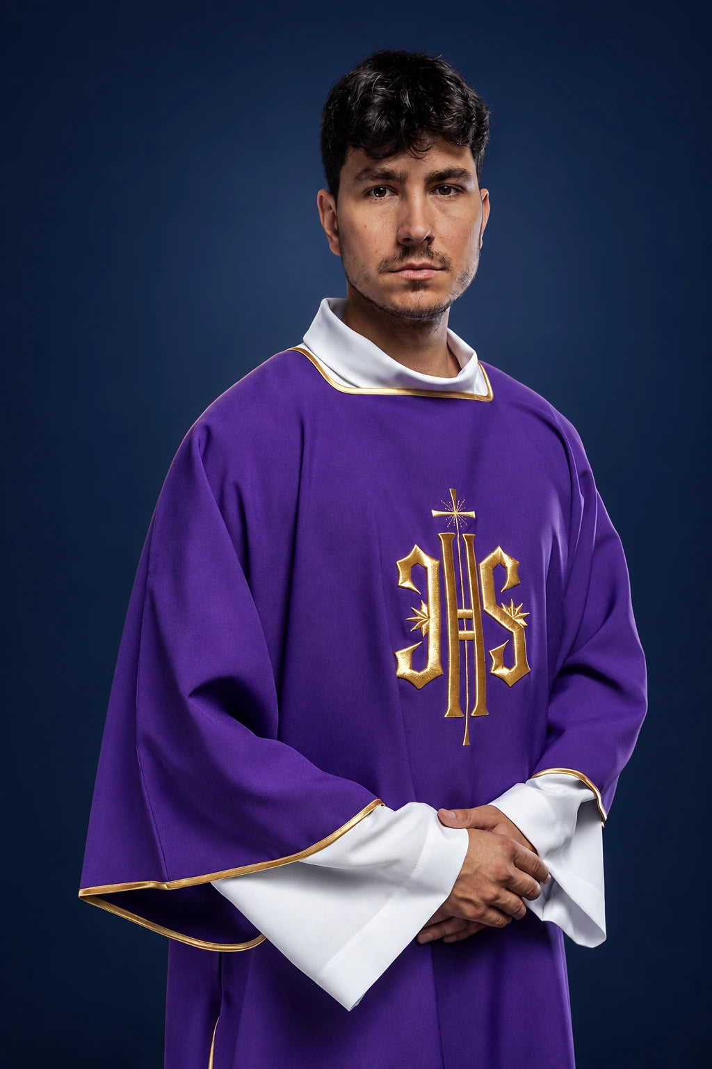 Purple Dalmatic with Embroidered Gold IHS, front view with gold trim and white cuffs