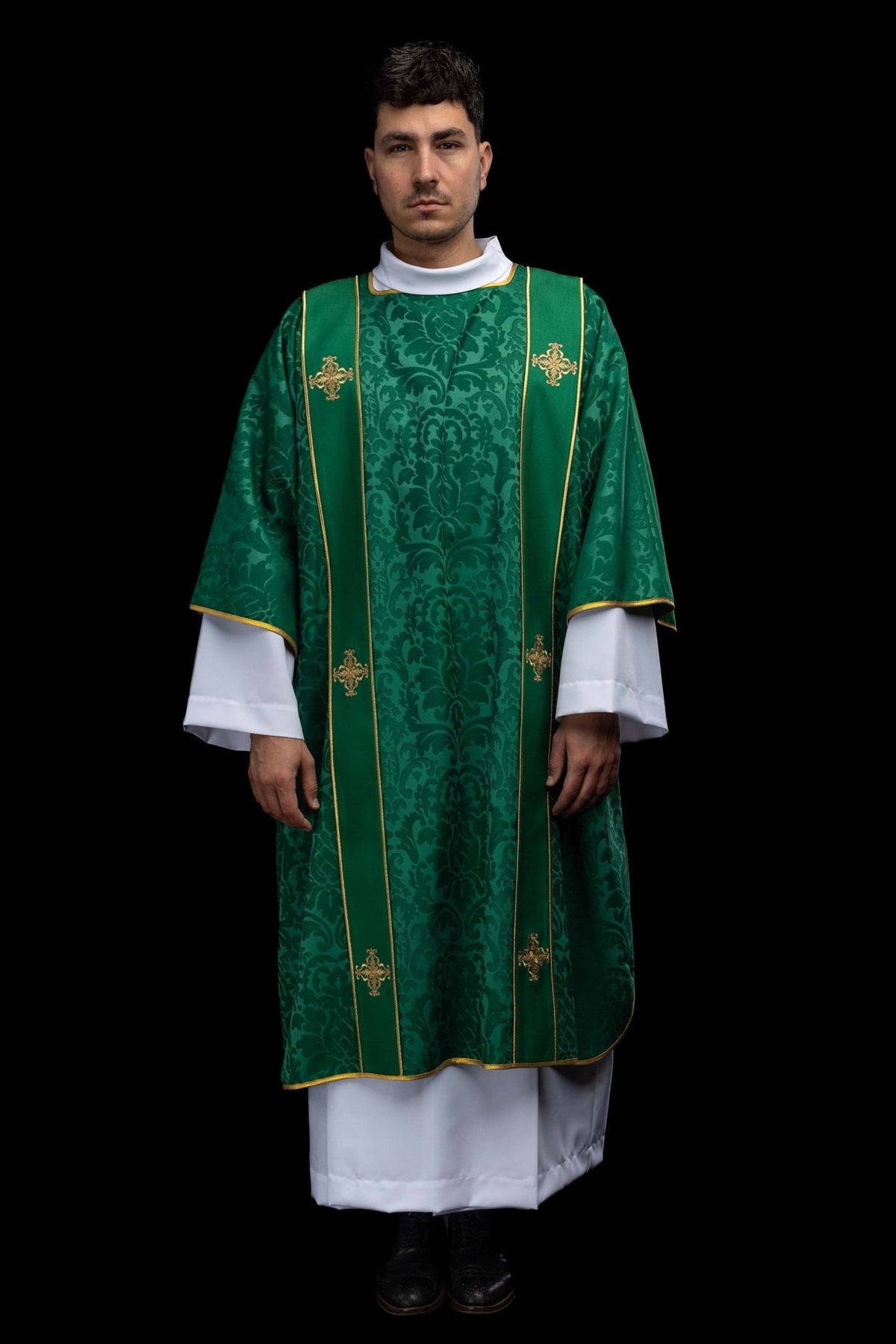 Green dalmatic full front view with patterned fabric and gold cross embroidery