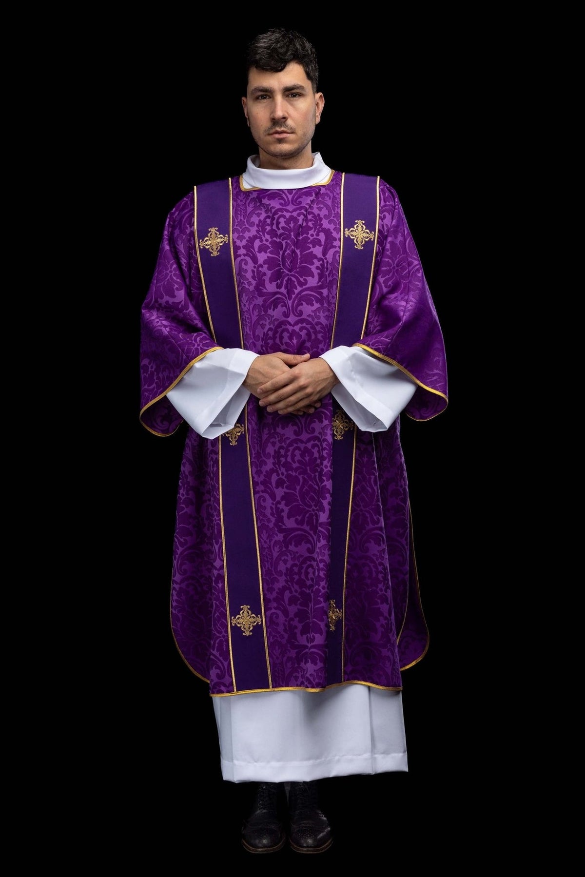 Purple dalmatic full front view with floral jacquard fabric