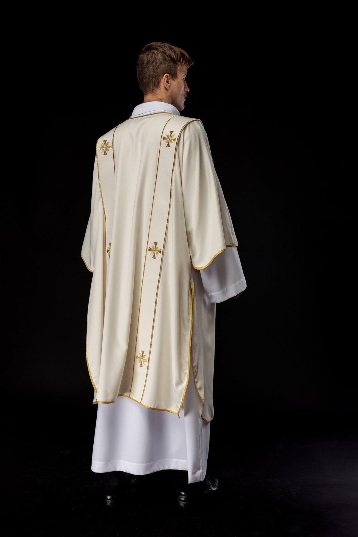 Ecru dalmatic three-quarter back view with gold orphreys