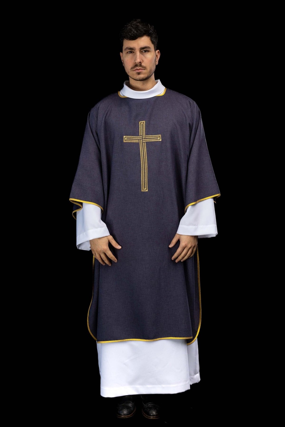 Purple dalmatic front view with gold trim and embroidered cross
