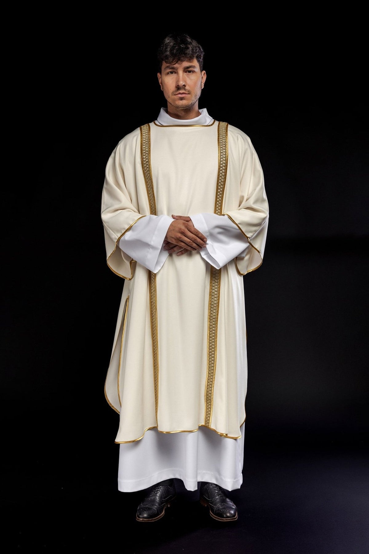 Ecru dalmatic with gold embroidery, full front view