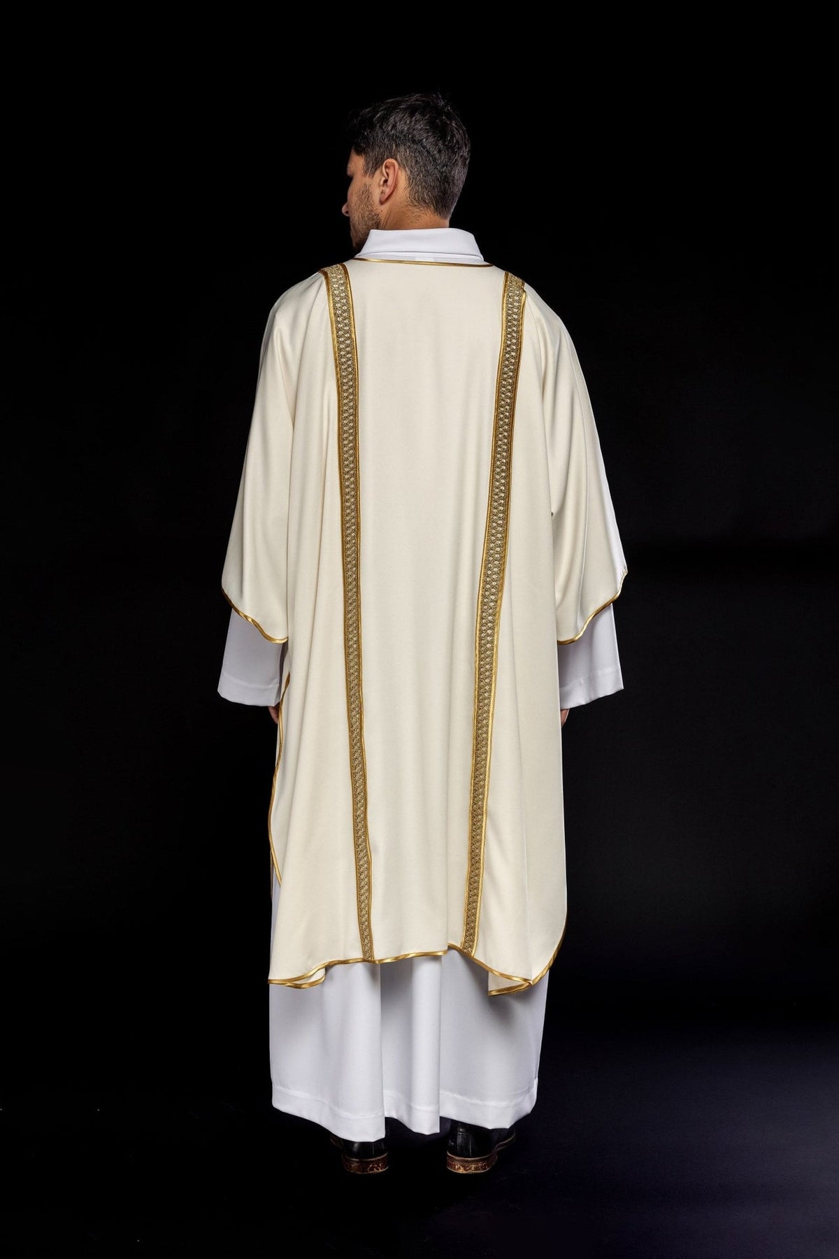 Ecru dalmatic with gold orphreys, full back view
