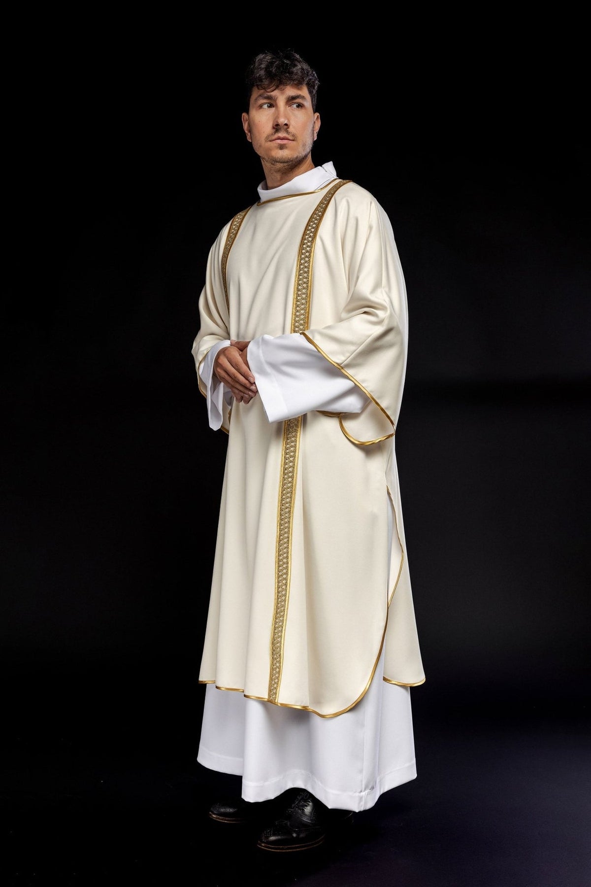 Ecru dalmatic with gold embroidery, side view