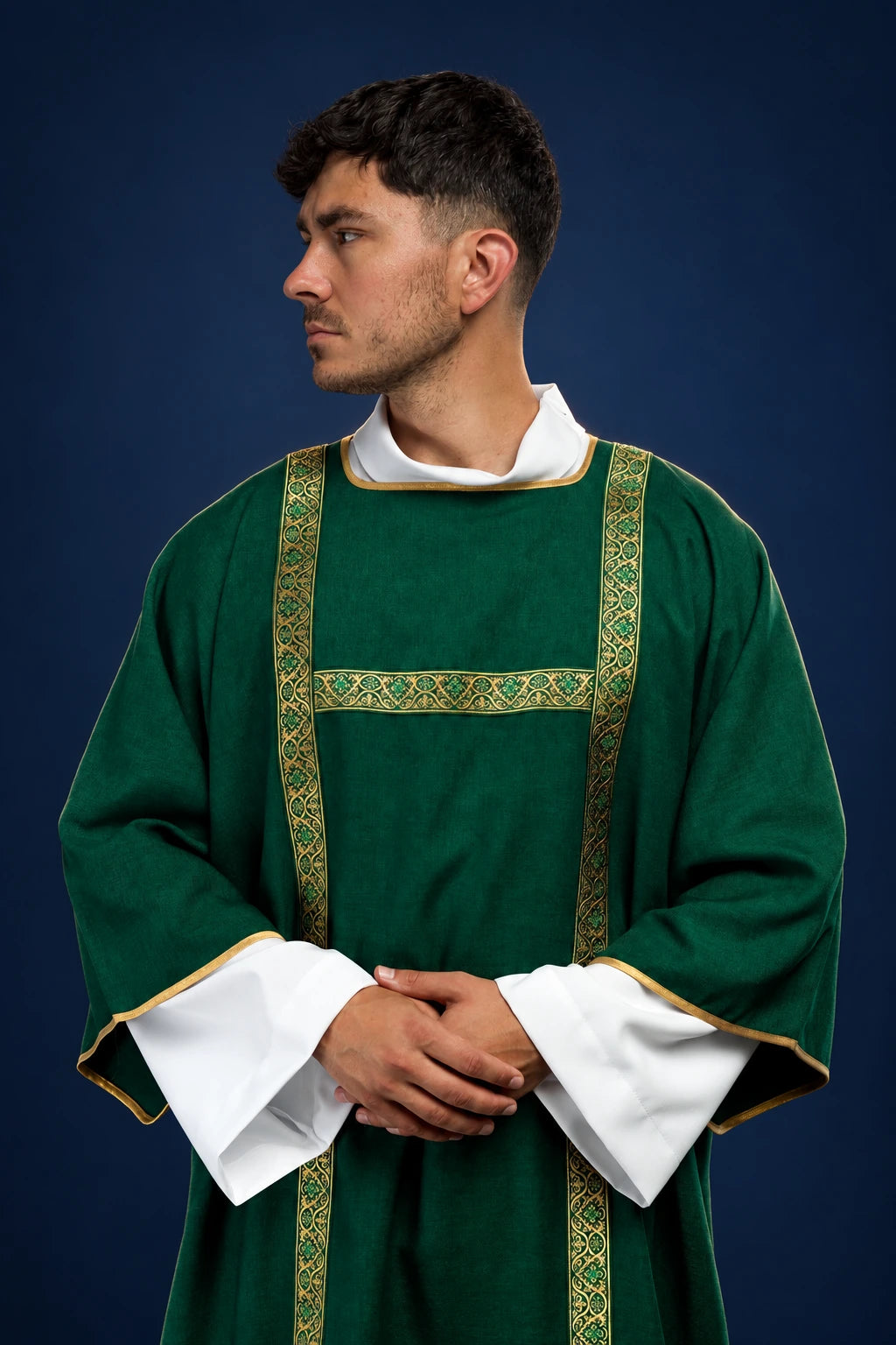 Green Dalmatic with Gold Jacquard Orphreys worn front view, showing gold trim and cross motifs