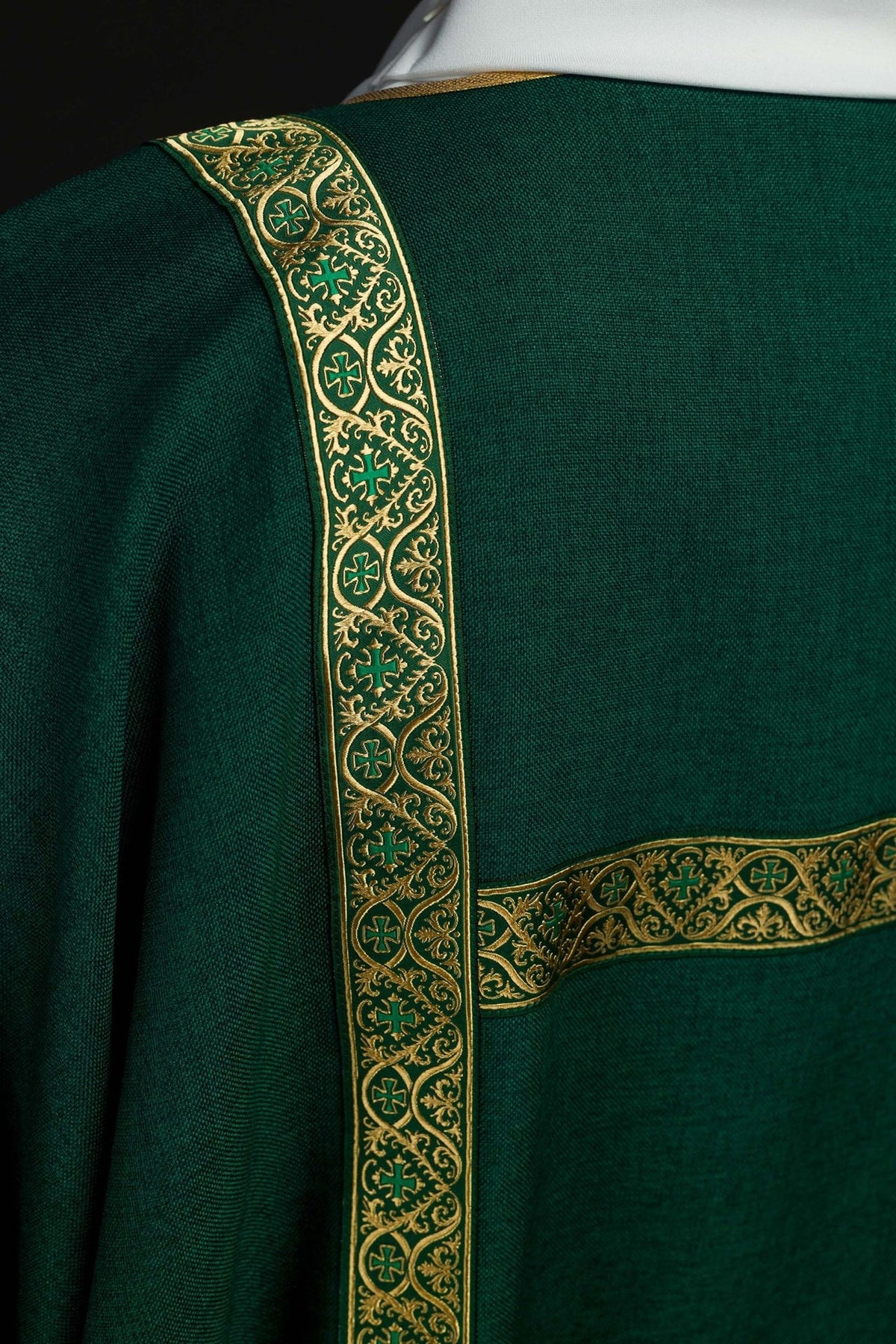 Green dalmatic back close-up with gold jacquard orphrey and collar