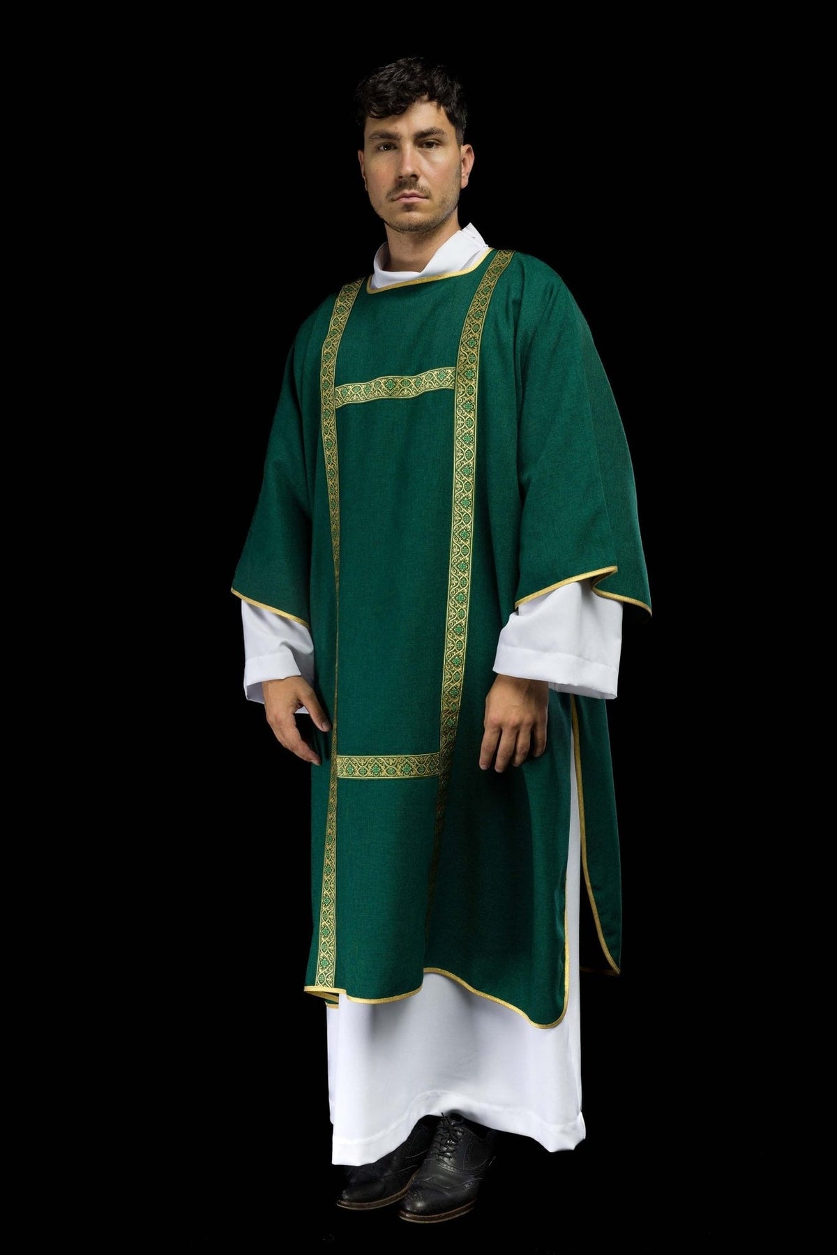 Green dalmatic worn three-quarter front view with gold jacquard orphreys
