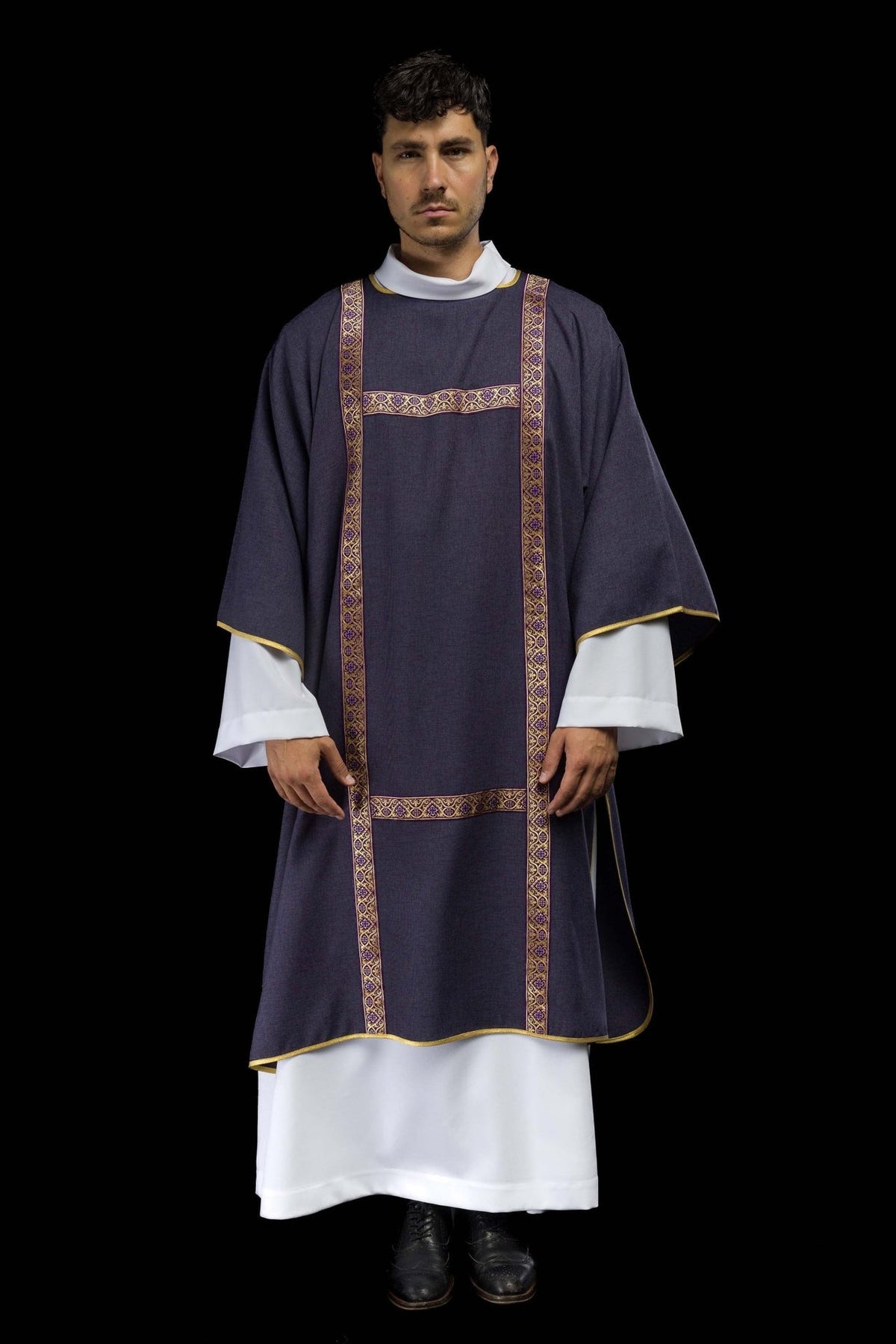 Purple dalmatic full front view with gold jacquard orphreys and trim