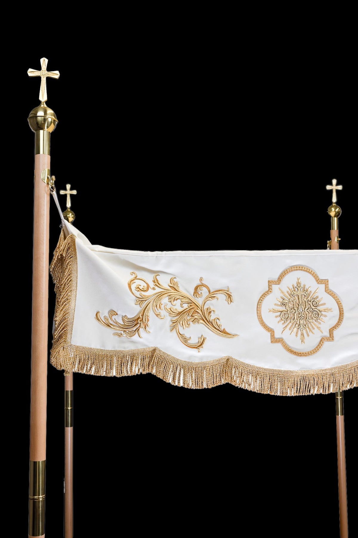 Canopy side view with gold embroidery, ornamental motifs and fringe