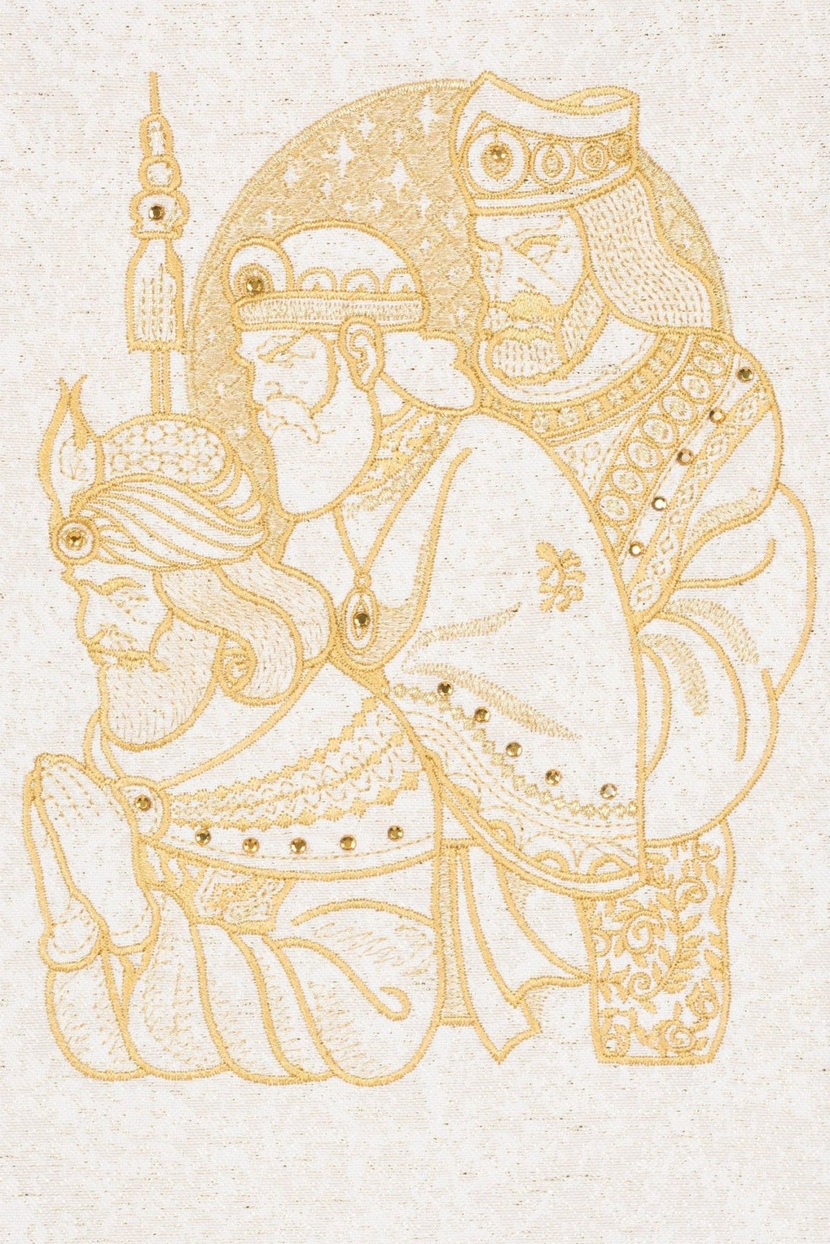 Priest stole close-up showing gold embroidered Epiphany motif with jeweled details