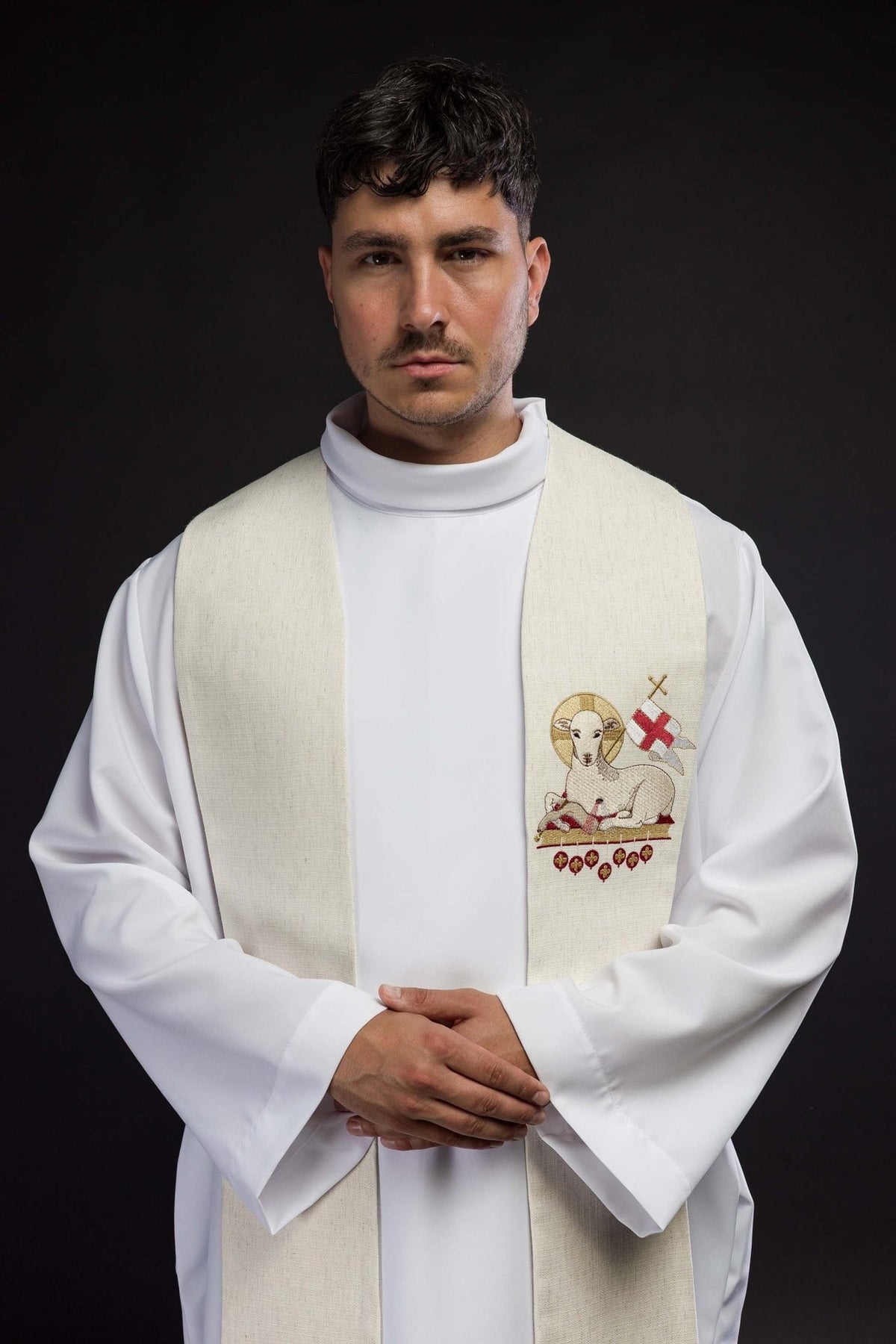 Easter stole worn front, showing embroidered Agnus Dei motif