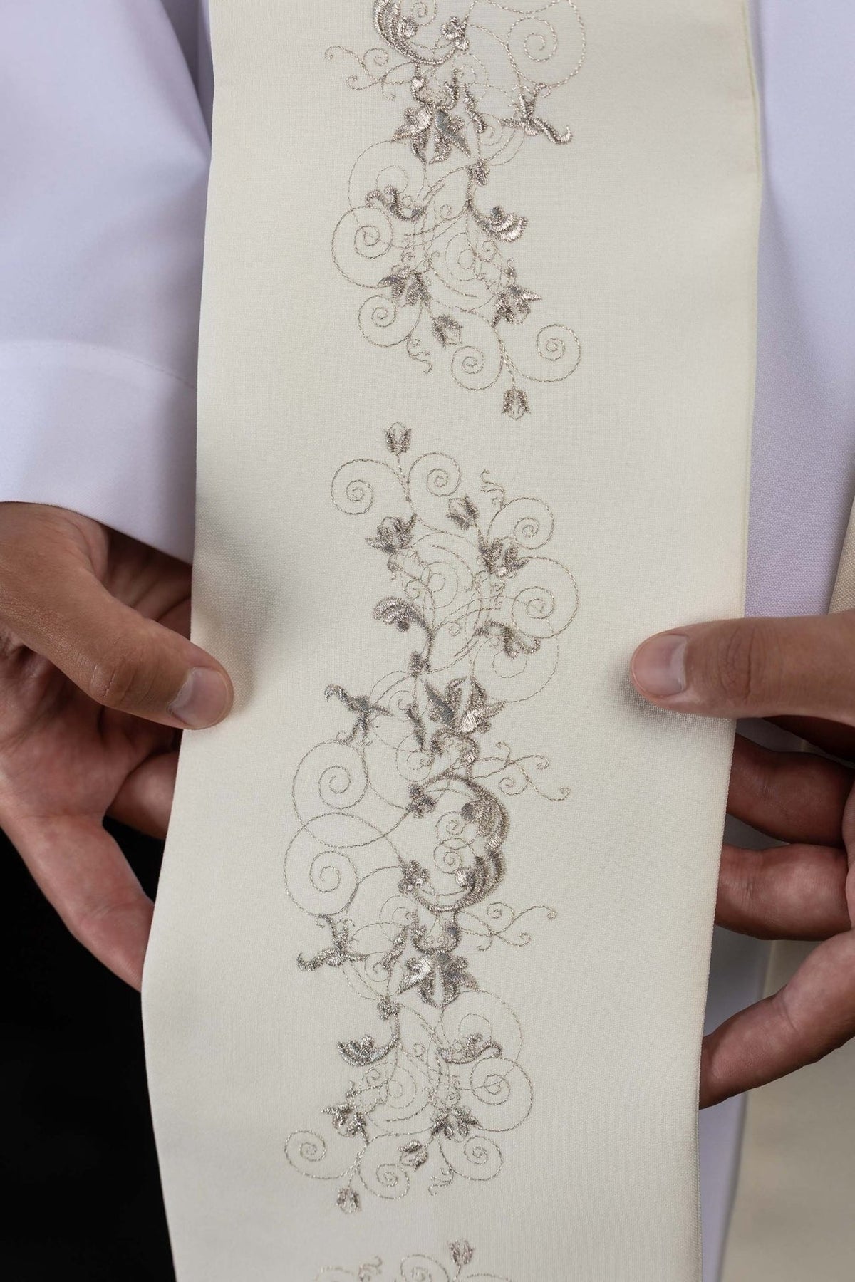 Marian stole close-up showing detailed silver floral and scrolling embroidery