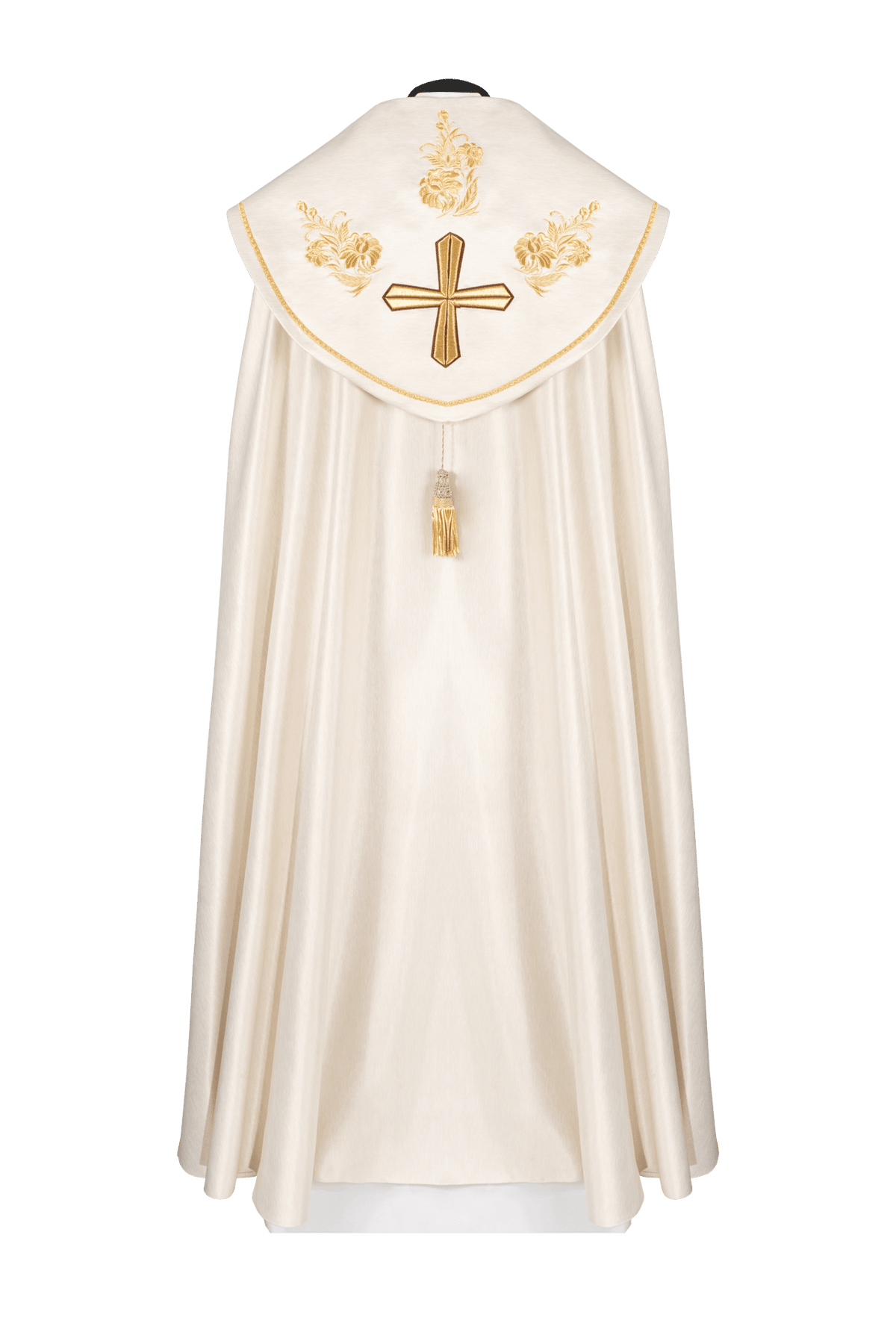 Embroidered cope, back view with a large gold cross, floral embroidery and gold-trimmed collar