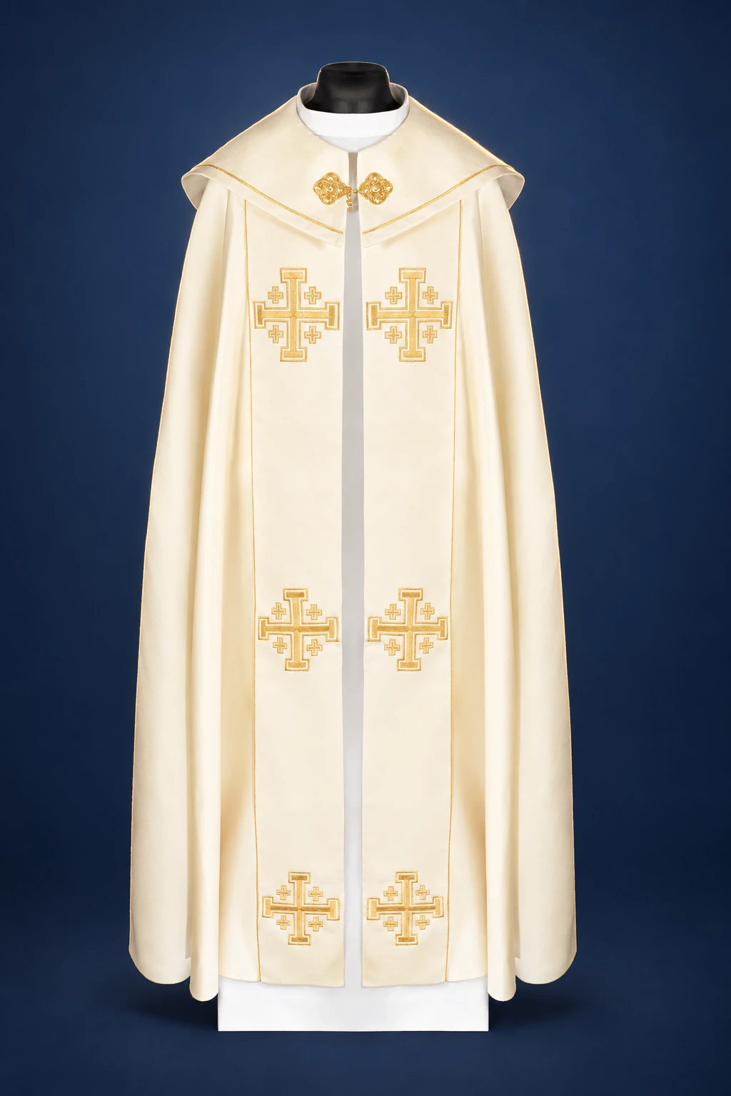 Ecru Cope with Orphrey and Cross Embroidery, front view with gold cross embroidery