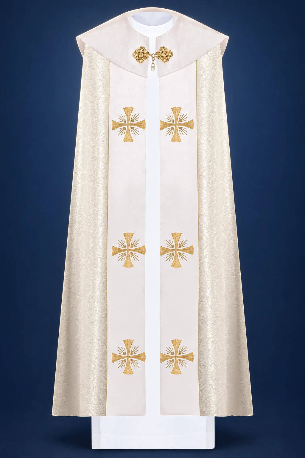Ecru Cope with Gold IHS, front view with gold embroidery and cross motifs