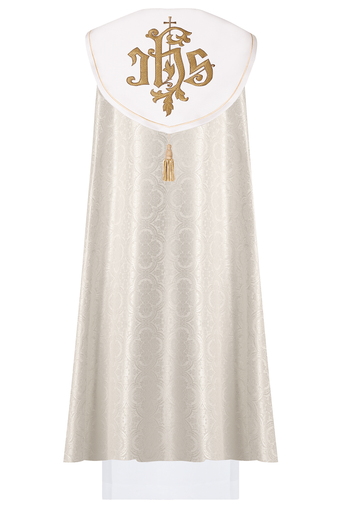 Ecru cope, back view with gold IHS embroidery and patterned fabric