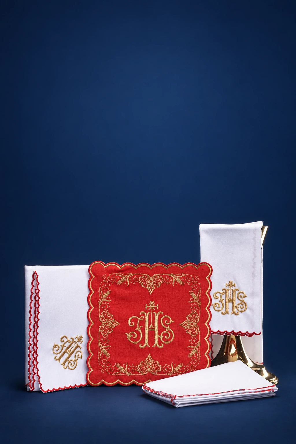 Catholic Altar Linen Set with Embroidered Red Chalice Pall and IHS, full set view