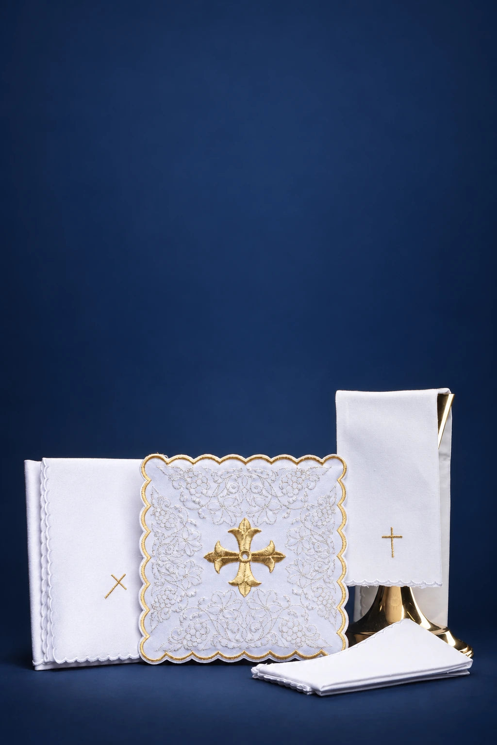 White Embroidered Altar Linen Set with Cross Motif, full set view with gold cross and floral embroidery