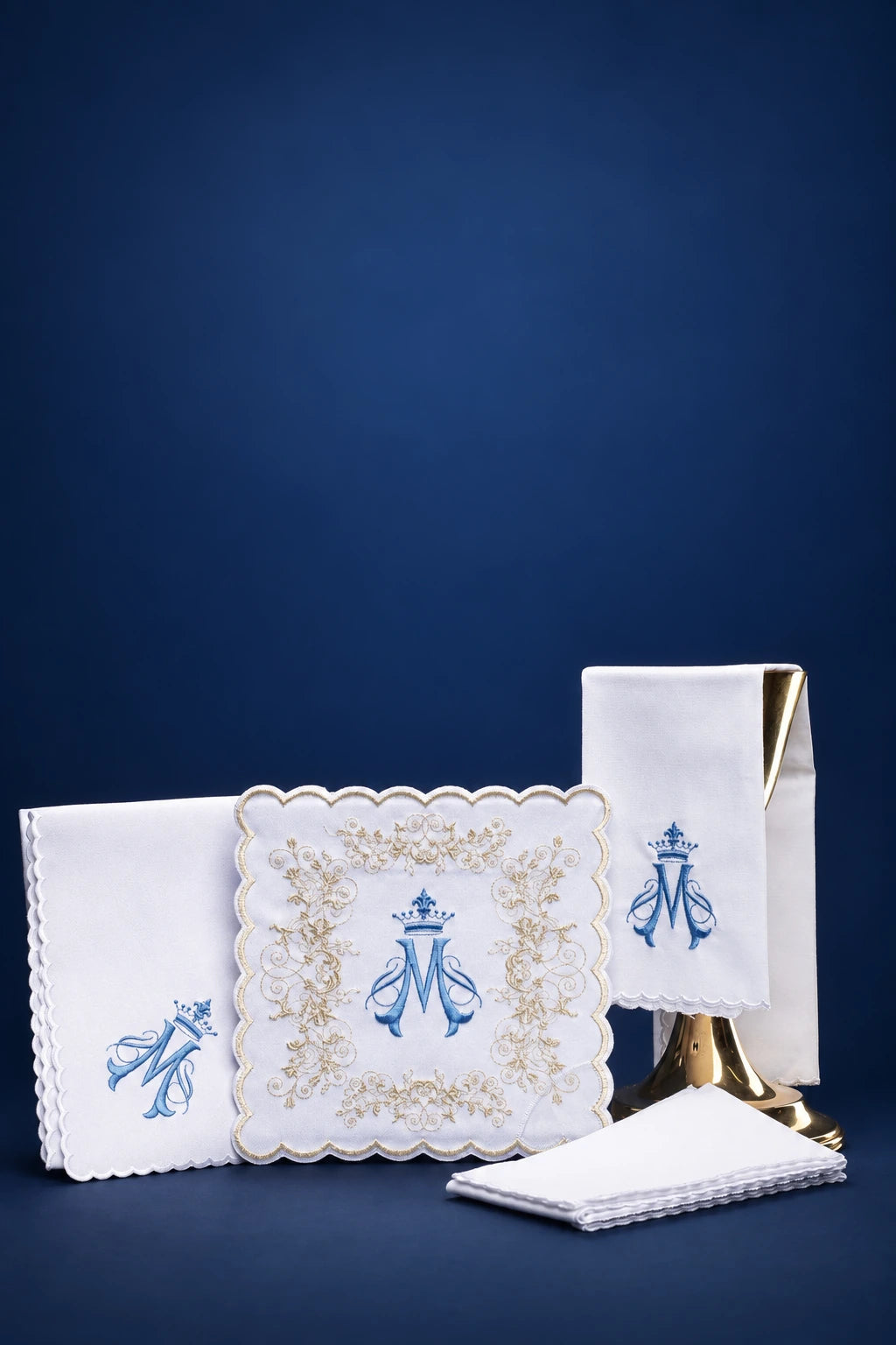 White Embroidered Altar Linen Set with Marian Motif, front view with blue Marian embroidery and gold embroidery