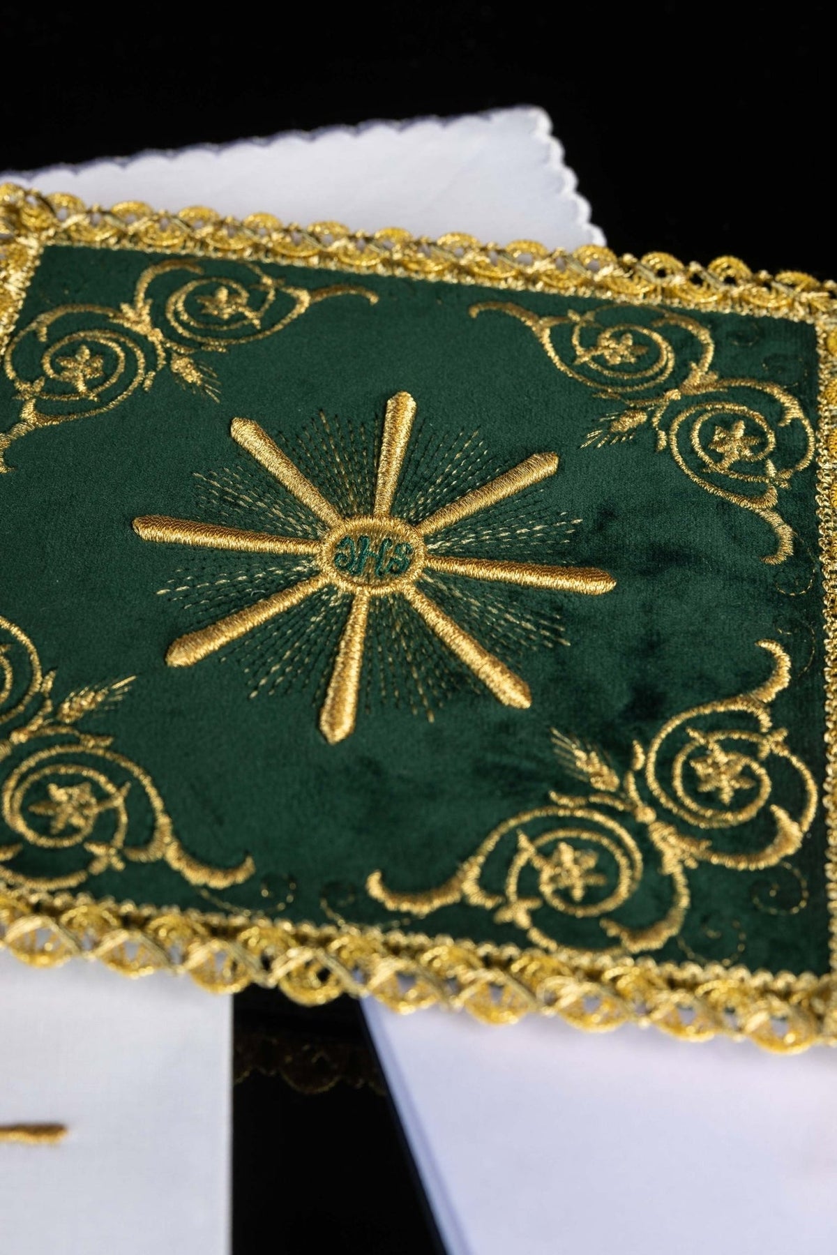 Green velvet altar linen set close-up with ornate gold embroidery and trim