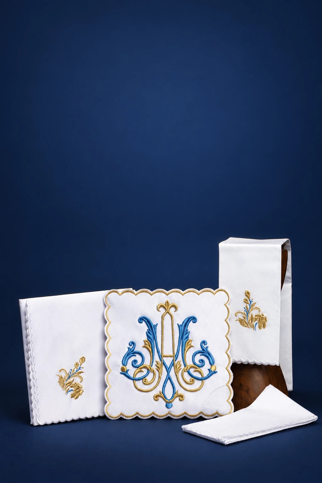 Catholic Altar Linen Set with Embroidered Marian Motif, white set with blue and gold embroidery