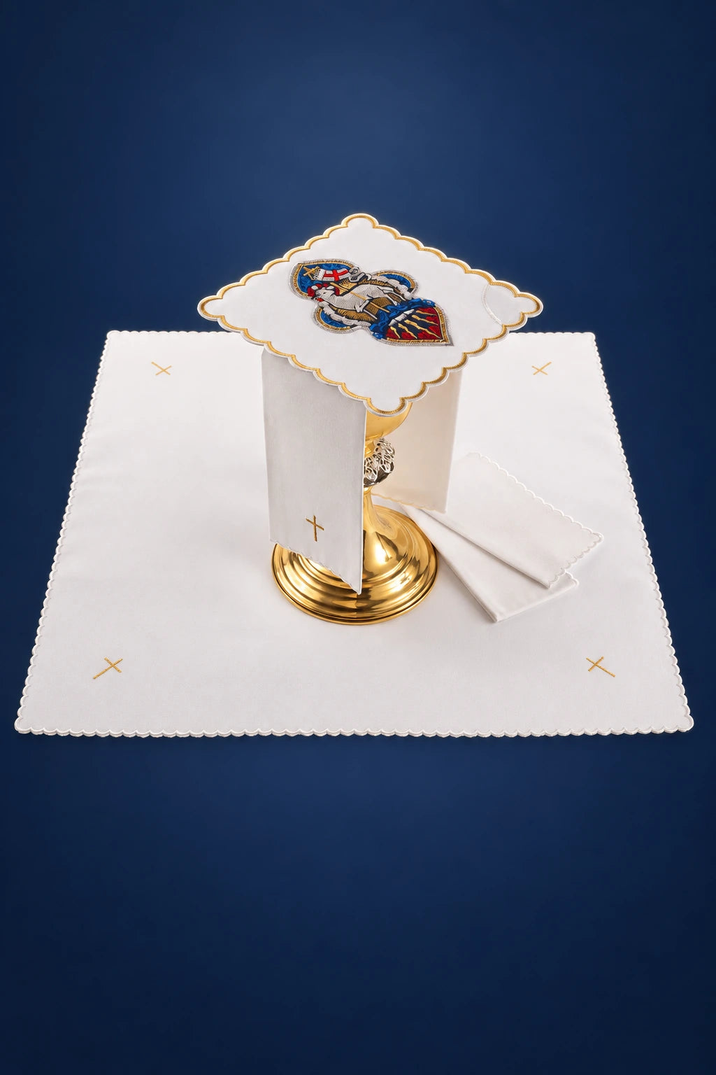 Embroidered Easter Altar Linen Set with the Agnus Dei, white set with gold crosses and embroidered Agnus Dei
