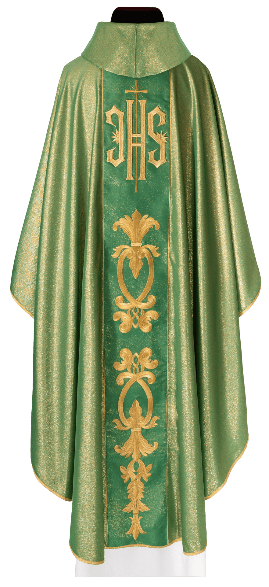 Green chasuble back view with wide orphrey and embroidered gold IHS