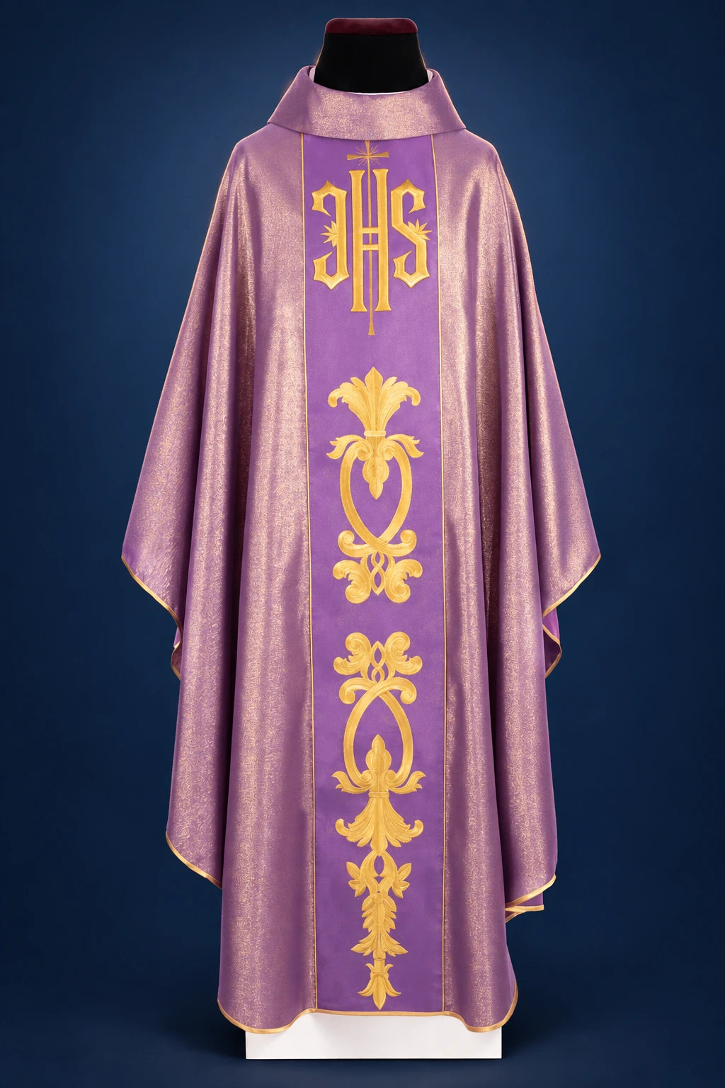 Purple Chasuble with Gold Motif and Wide Orphrey with IHS, front view with gold embroidered orphrey