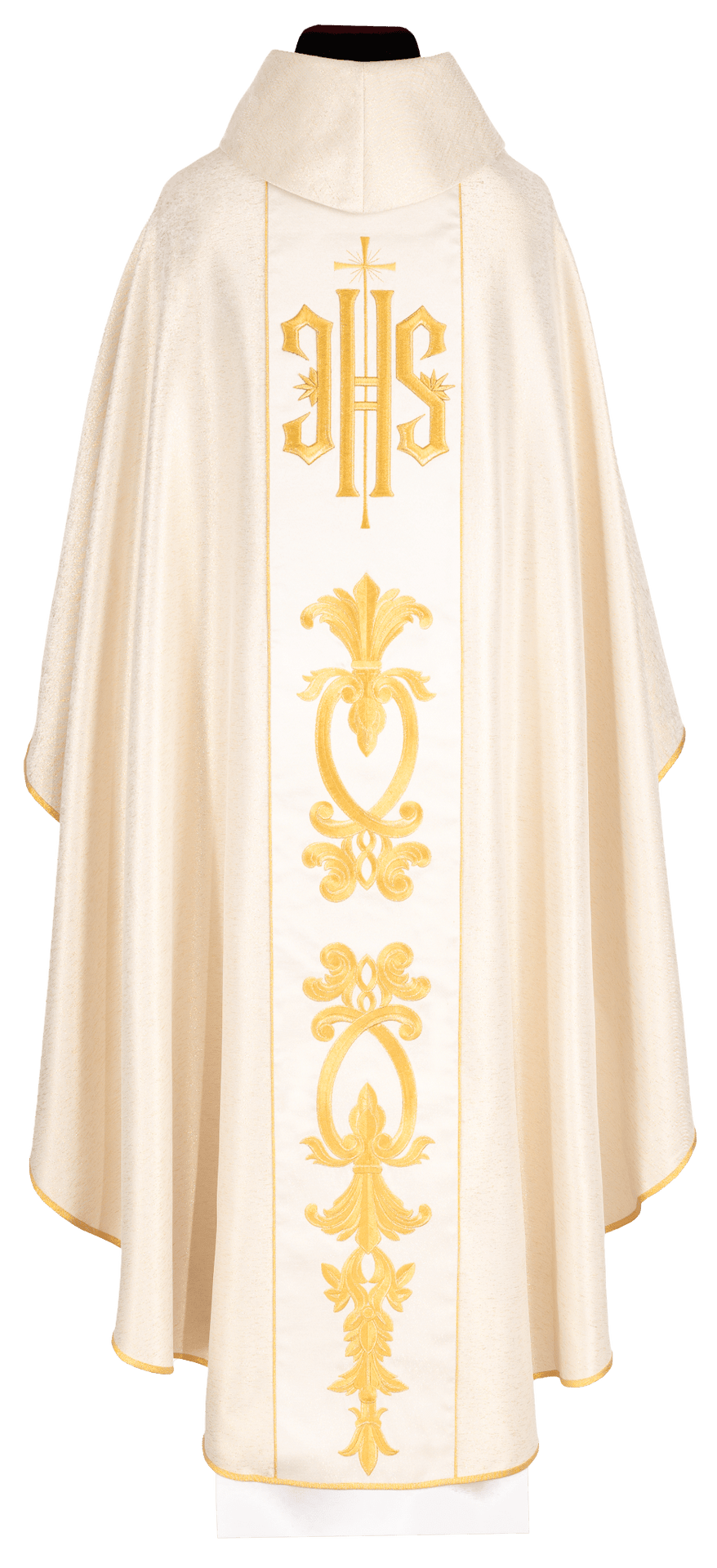 Gold chasuble, back view with wide IHS orphrey and gold embroidered motifs
