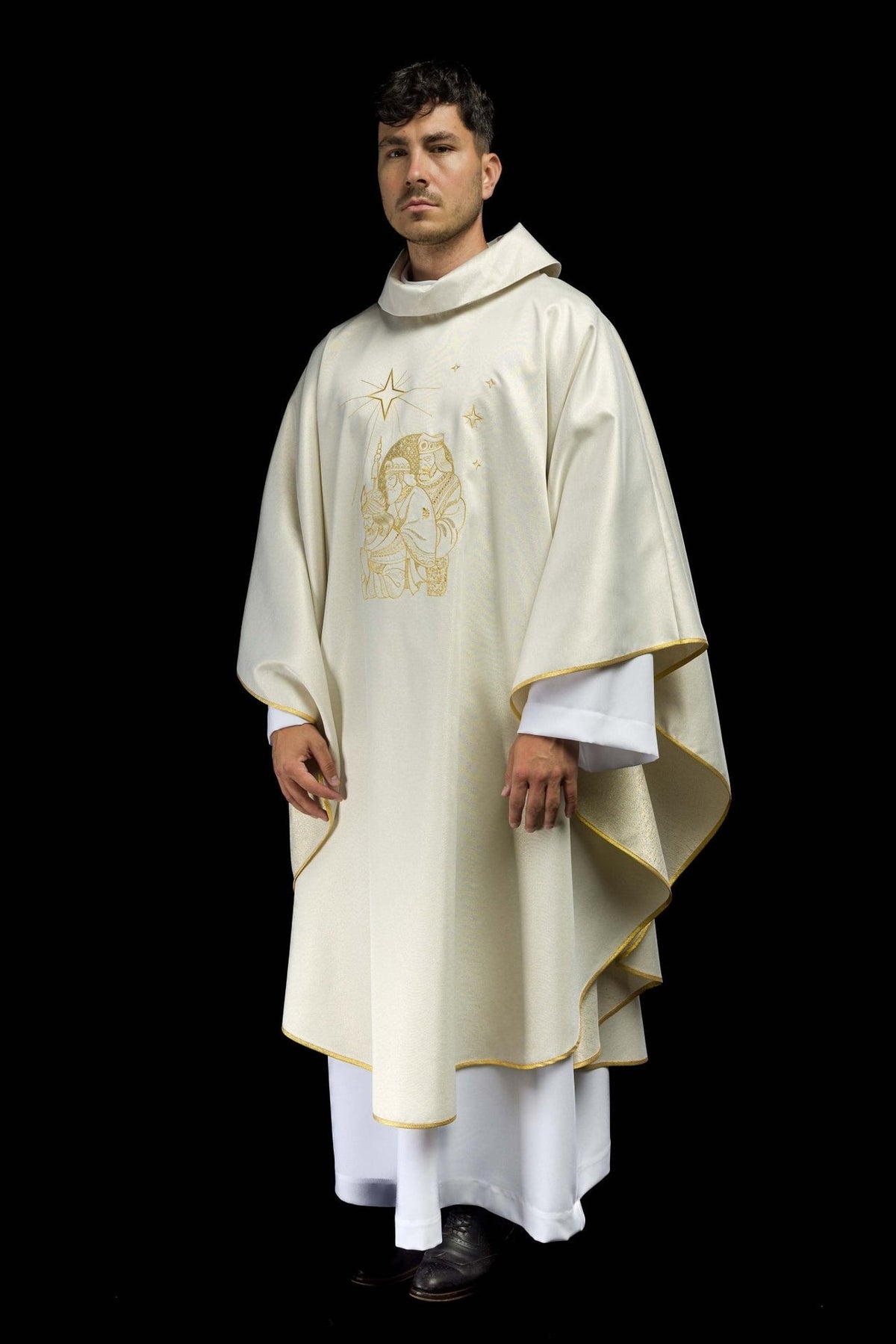 Epiphany chasuble, angled front view showing ivory fabric, gold trim and stand-up collar