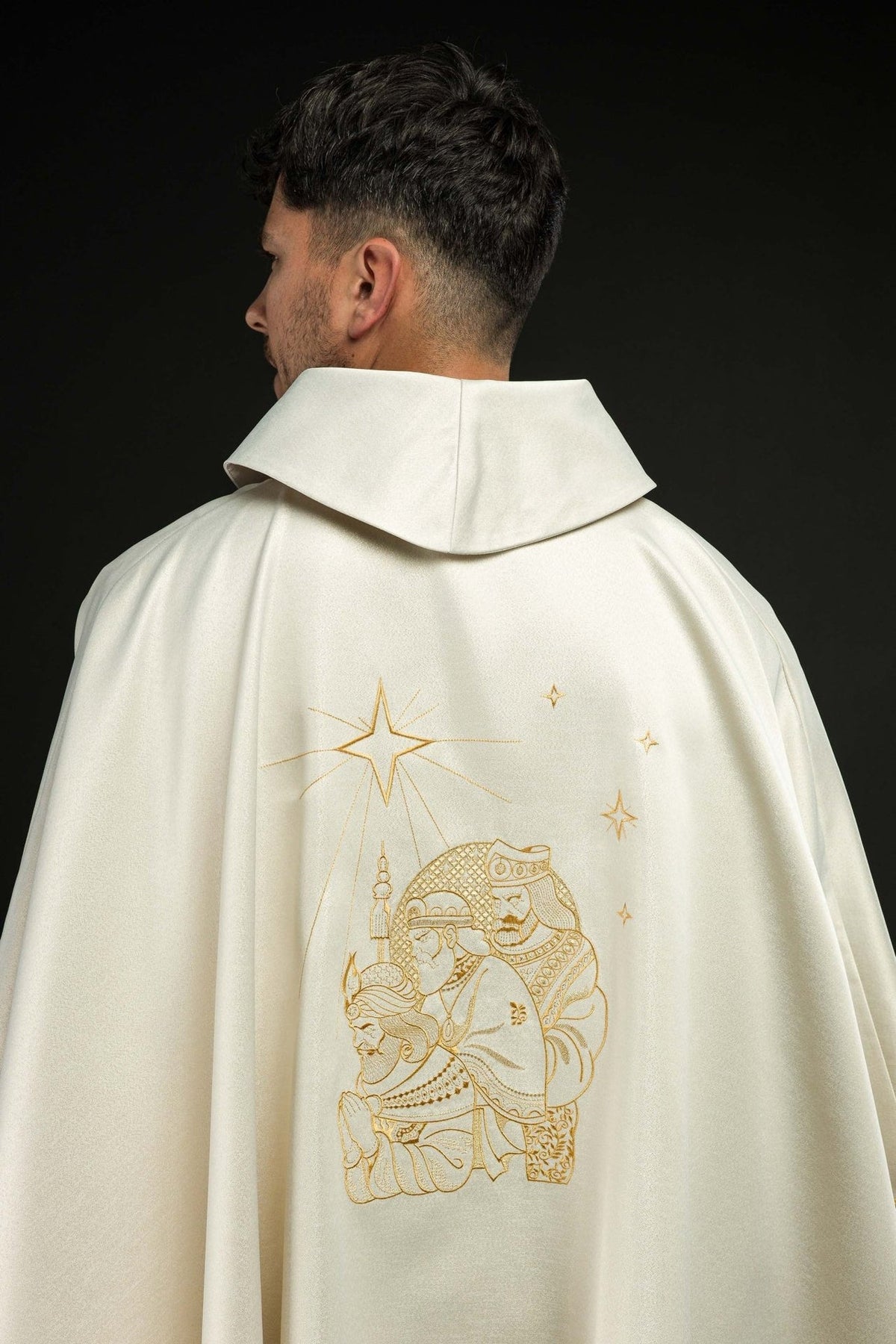 Epiphany chasuble, back view with gold embroidered star and figures