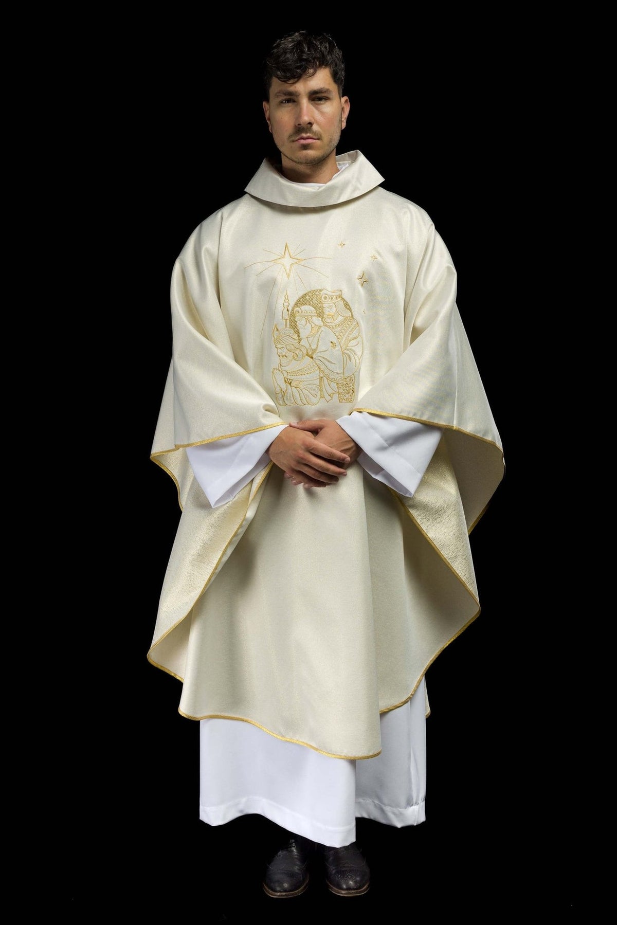 Epiphany chasuble, full front view with gold embroidered Epiphany design