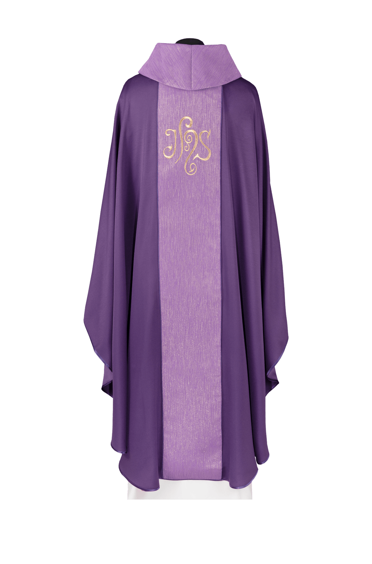 Purple chasuble back view with gold IHS embroidery on the orphrey