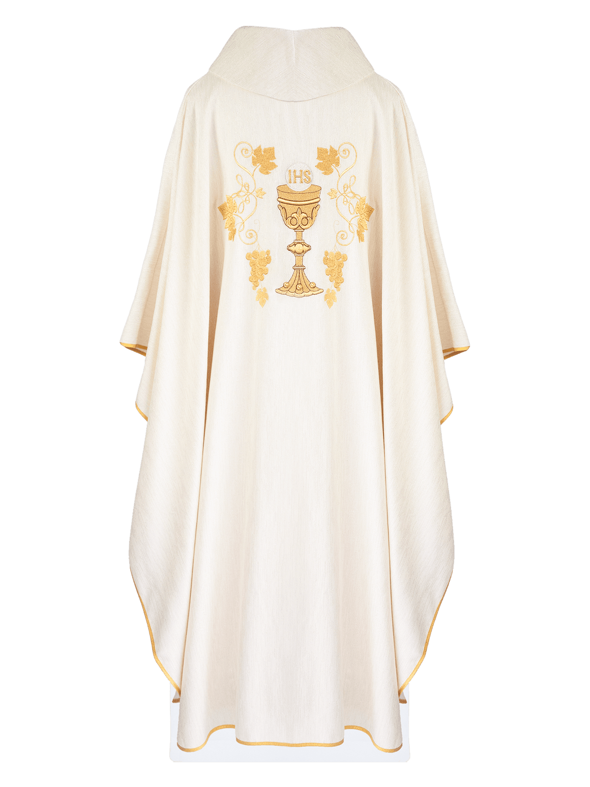 Ecru chasuble back view with gold trim
