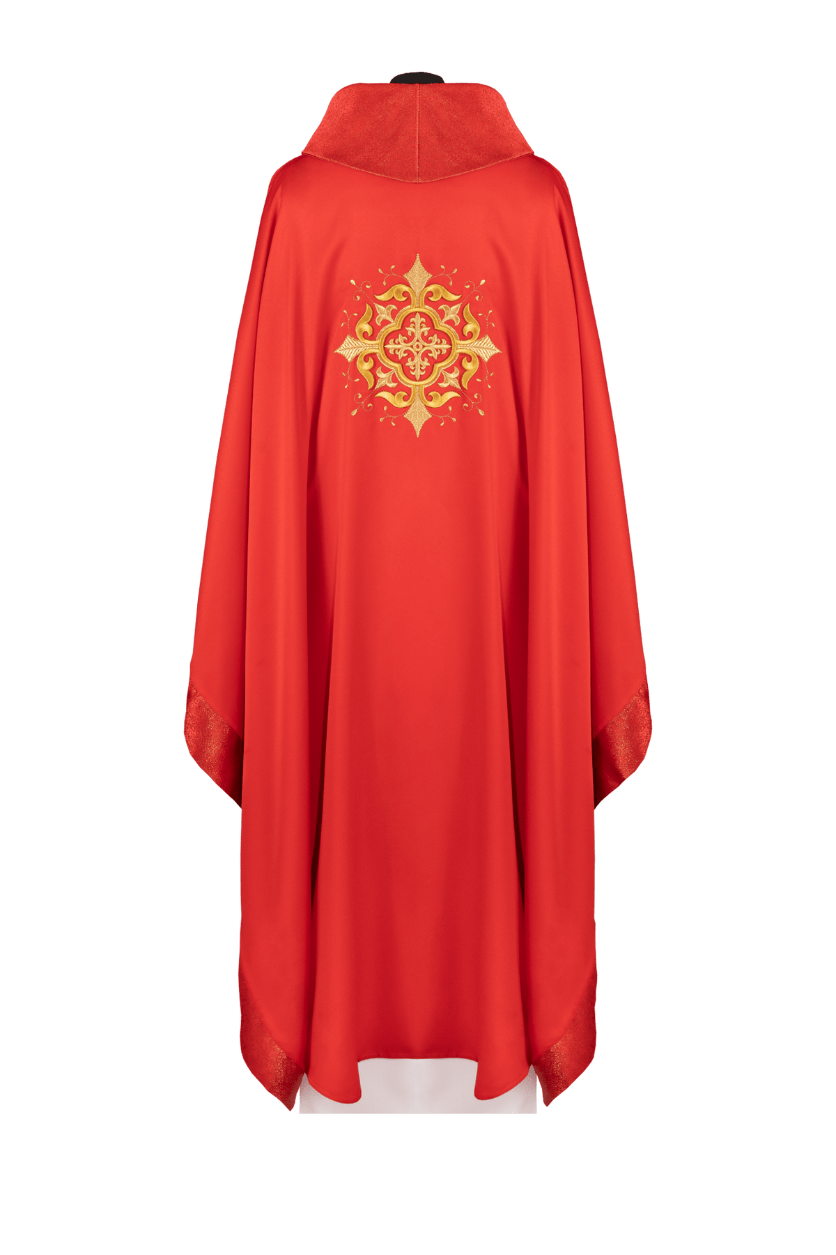 Red chasuble back view with embroidered gold cross motif and rich trim