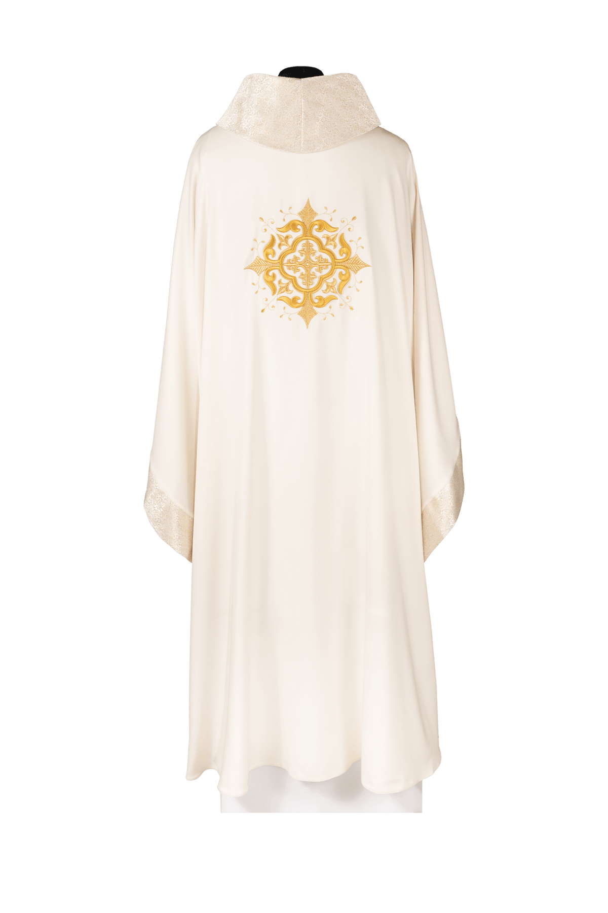 Ecru liturgical chasuble, back view with gold embroidered cross motif and stand-up collar