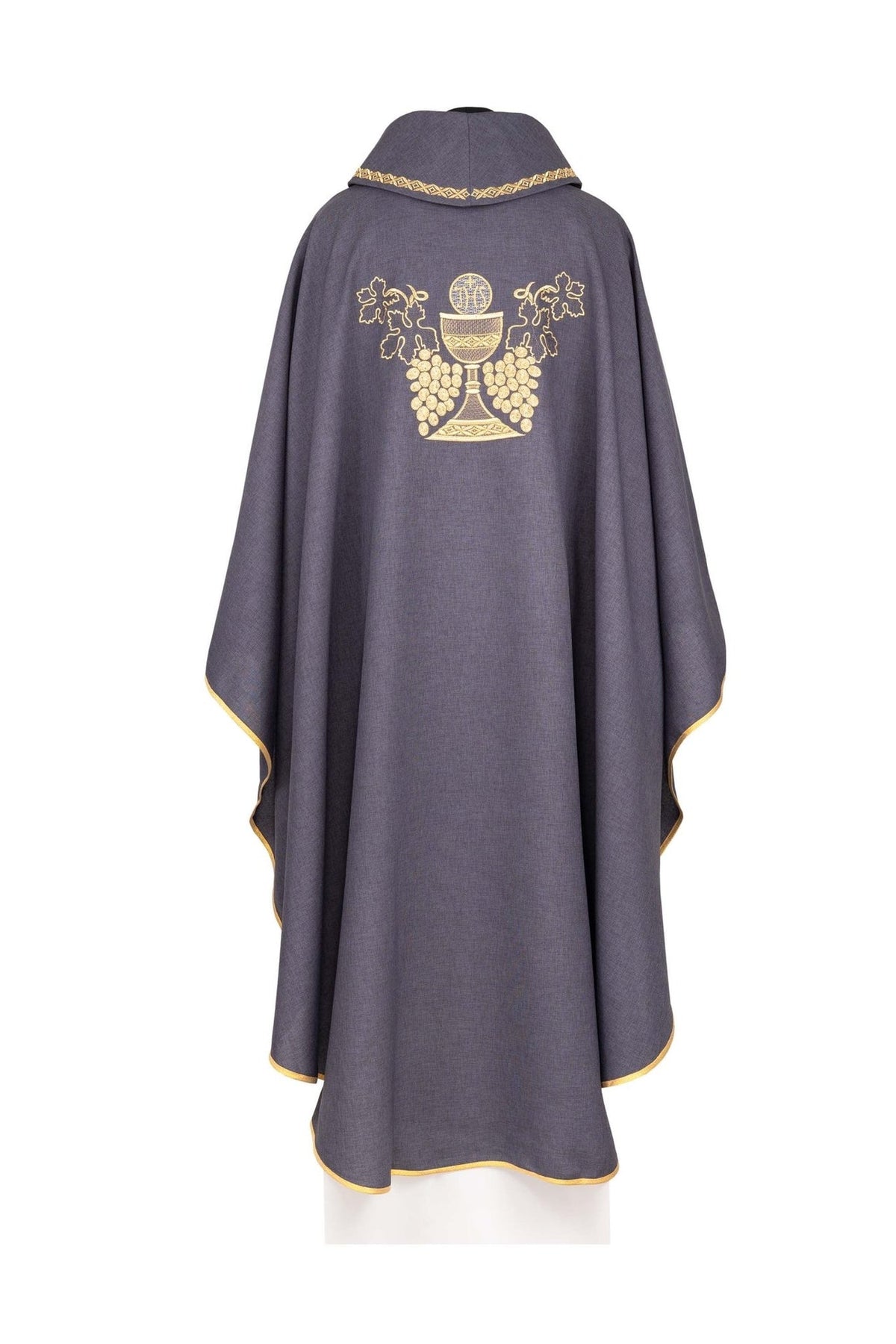 Purple chasuble back view with gold chalice and grapes embroidery