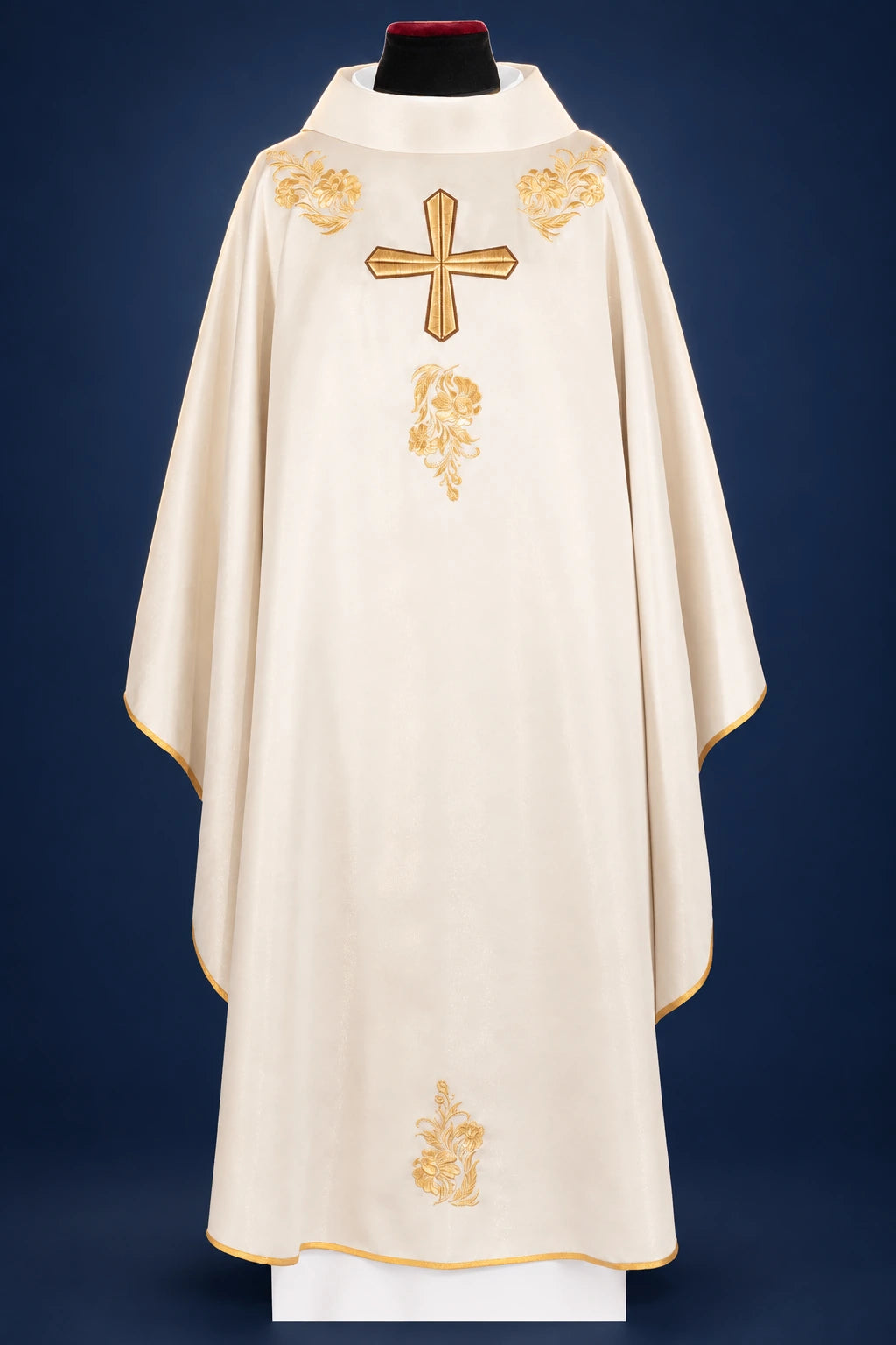 Chasuble with Richly Embroidered Cross and Ecru Collar, front view in ecru with gold embroidery