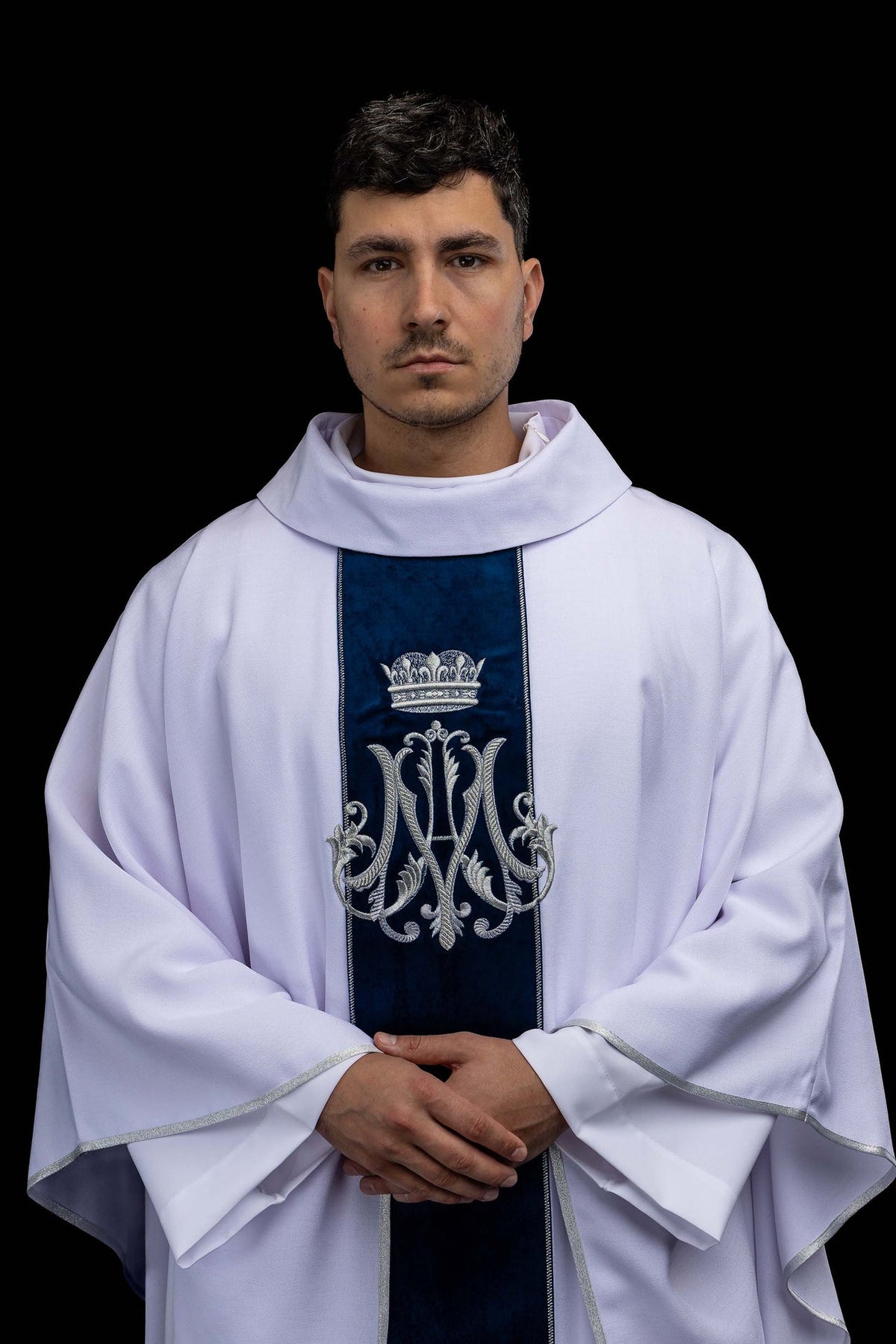 Embroidered Marian Chasuble with Ecru Velvet Orphrey, front view worn with silver Marian motif