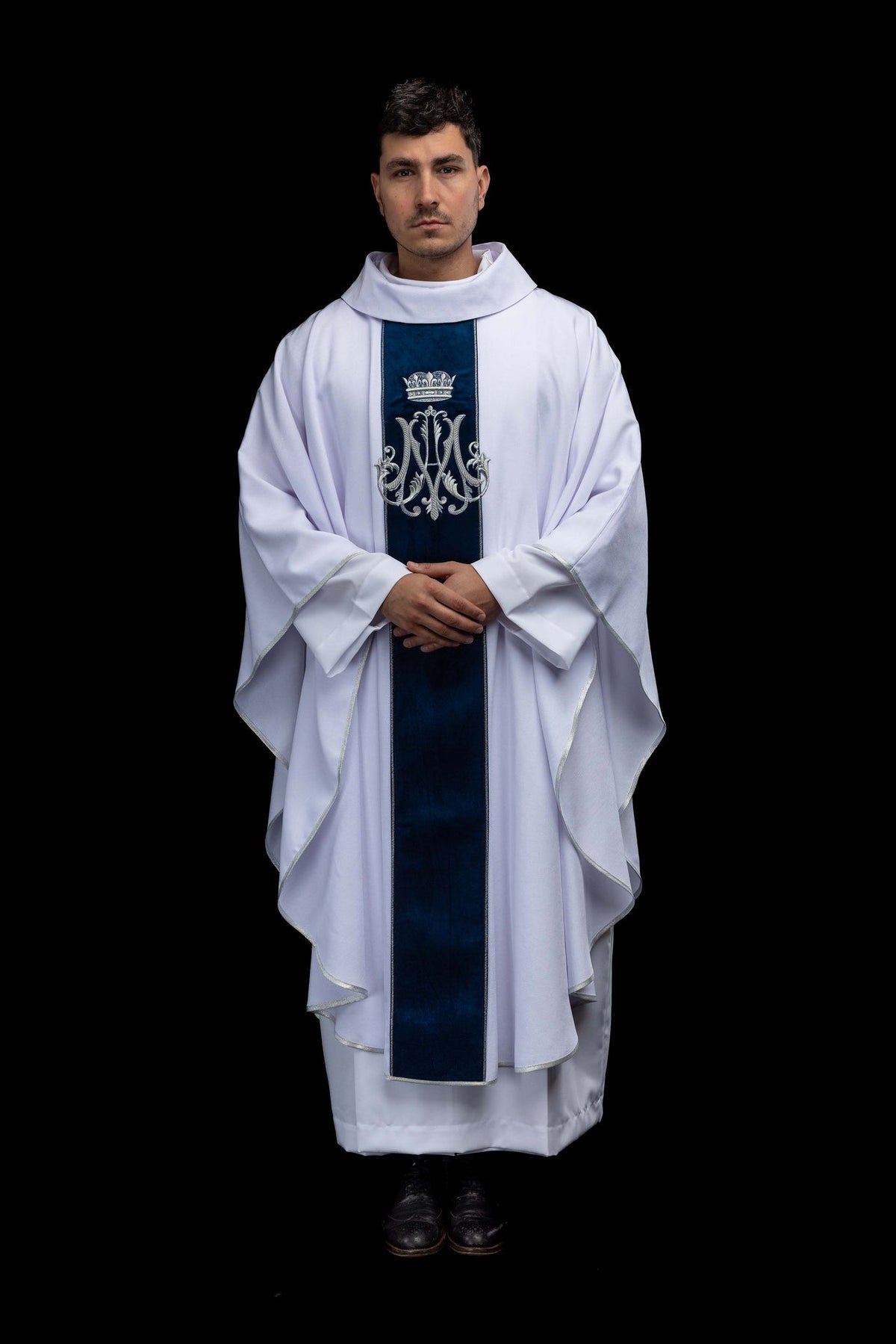 White Marian chasuble, full front view with blue velvet orphrey and silver embroidery
