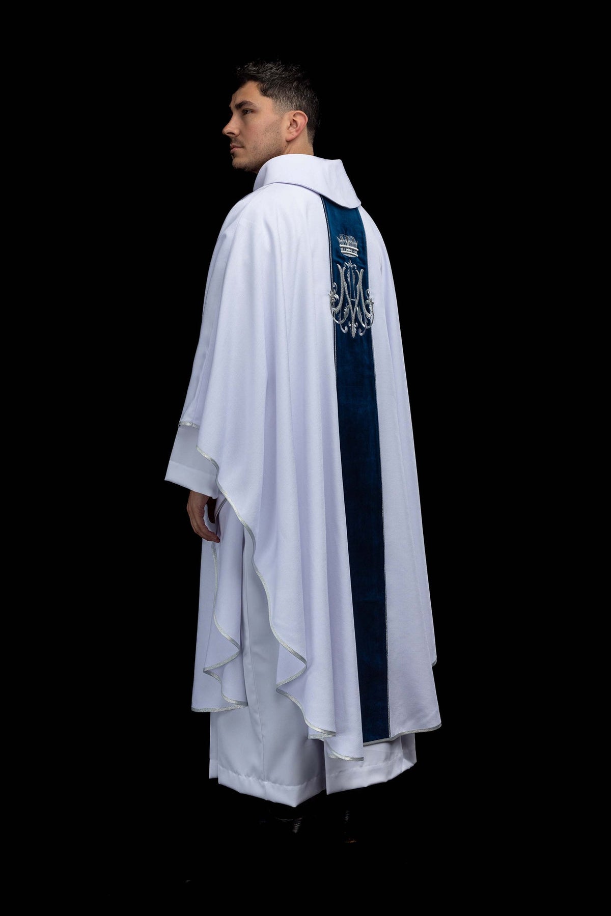 Marian chasuble side-back view with long velvet orphrey and silver trim
