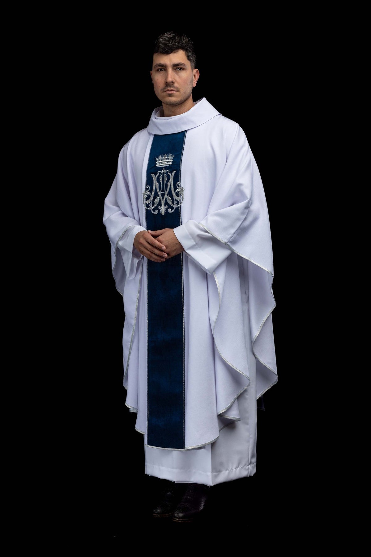 Marian chasuble three-quarter front view with flowing sleeves and embroidered orphrey