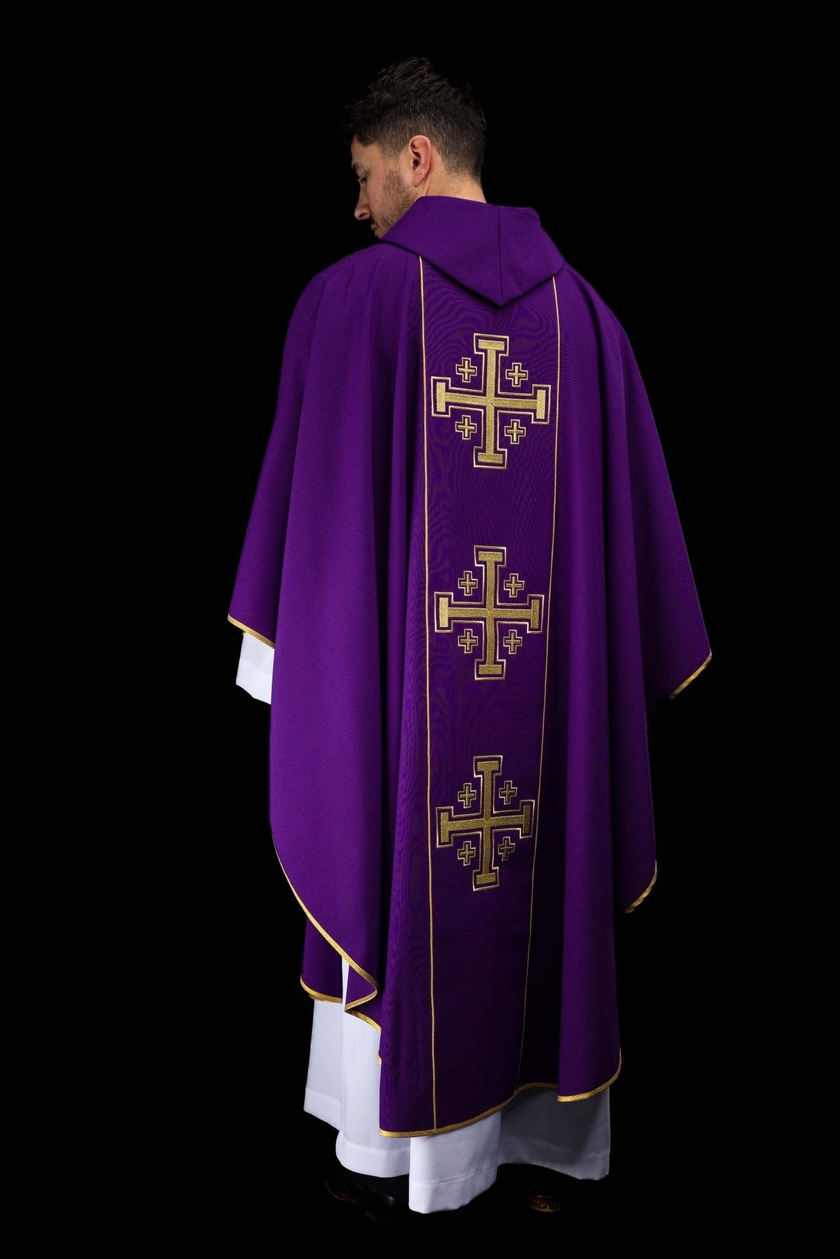 Purple chasuble back view with three gold Jerusalem cross embroidery motifs
