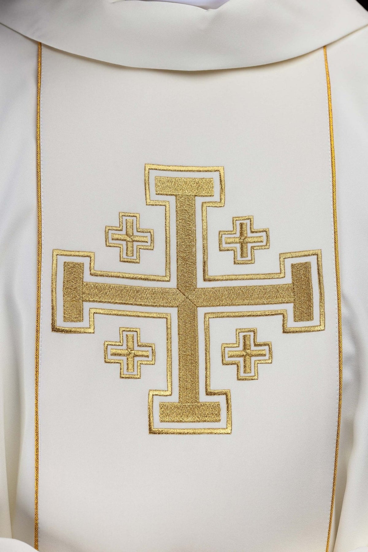 Ecru chasuble close-up of embroidered gold Jerusalem cross orphrey