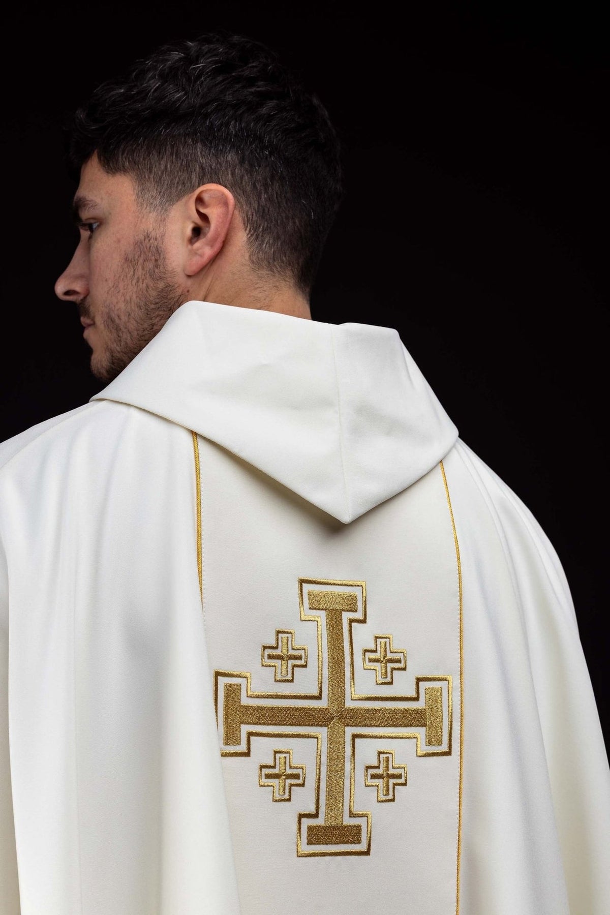 Ecru chasuble back view with hood and gold Jerusalem cross embroidery