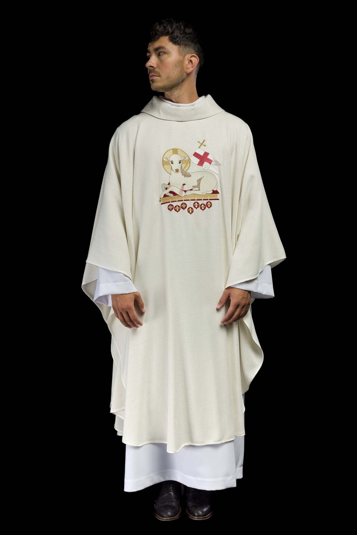 Lamb chasuble front view with gold, red and white embroidery