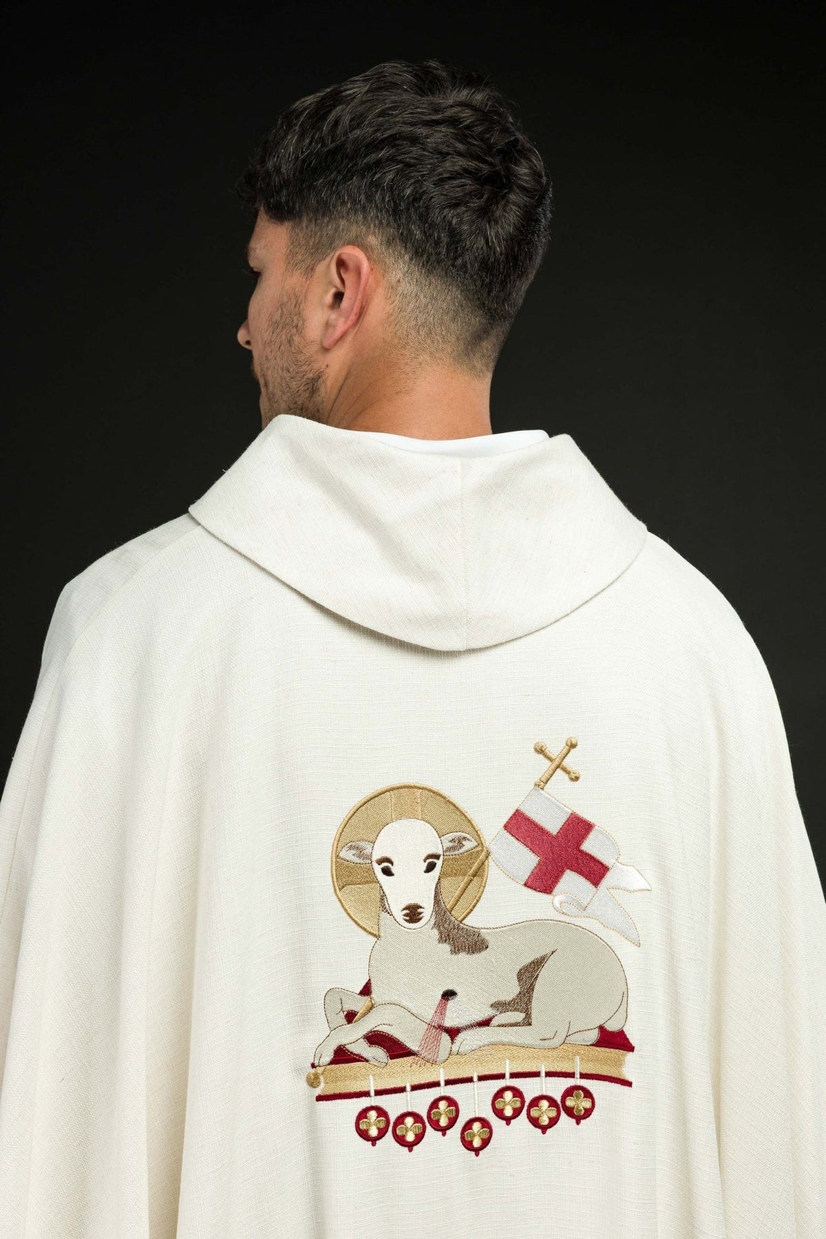 Lamb chasuble back view with embroidered Agnus Dei and stand-up collar