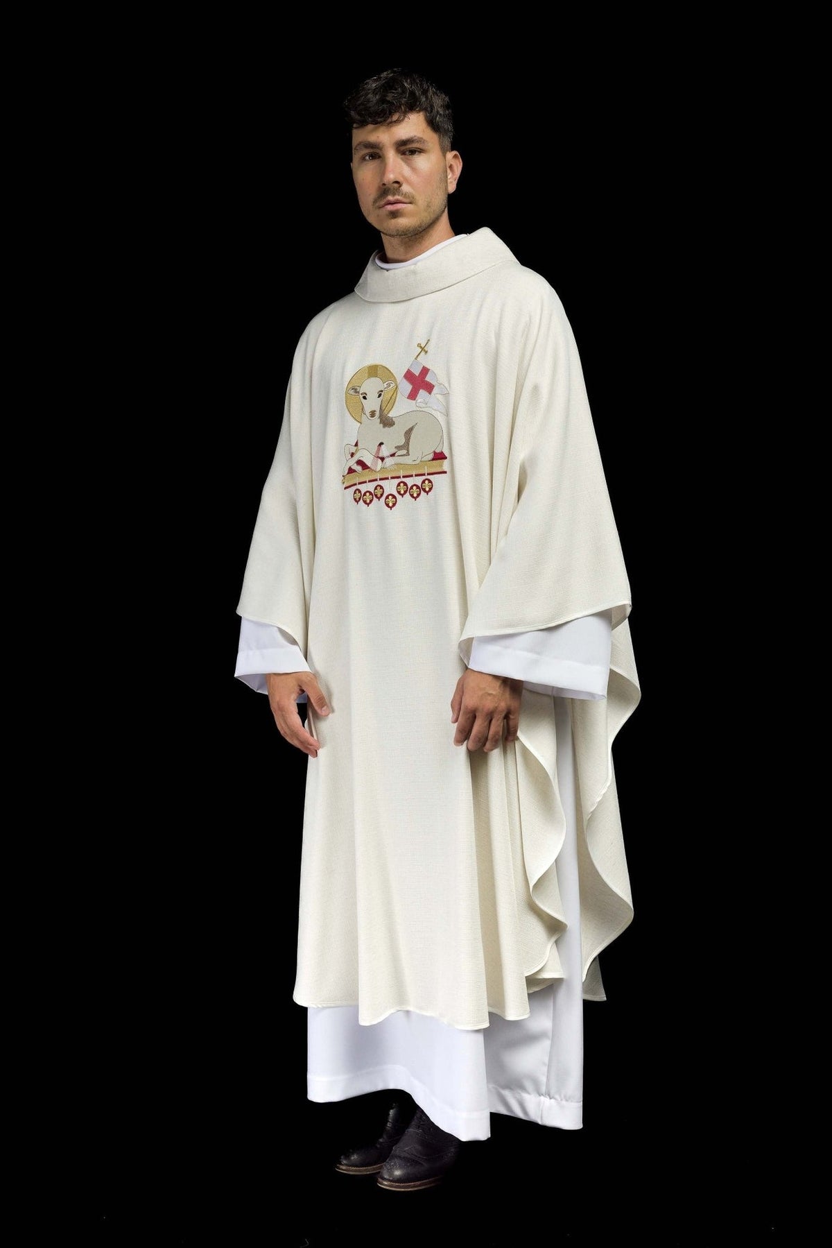 Lamb chasuble three-quarter front view with embroidered Agnus Dei