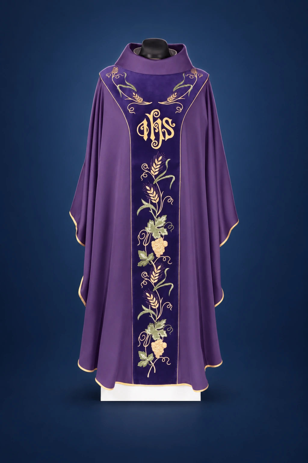 Purple Velvet Chasuble with IHS-Embroidered Orphrey, front view with gold trim and grapevine embroidery