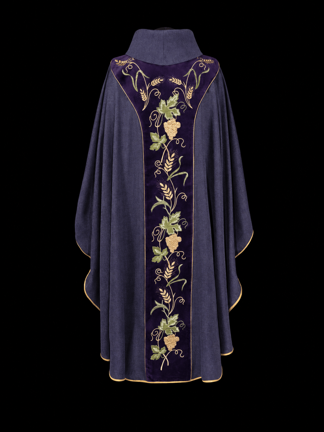 Purple velvet chasuble, back view with embroidered grapevine orphrey and gold trim